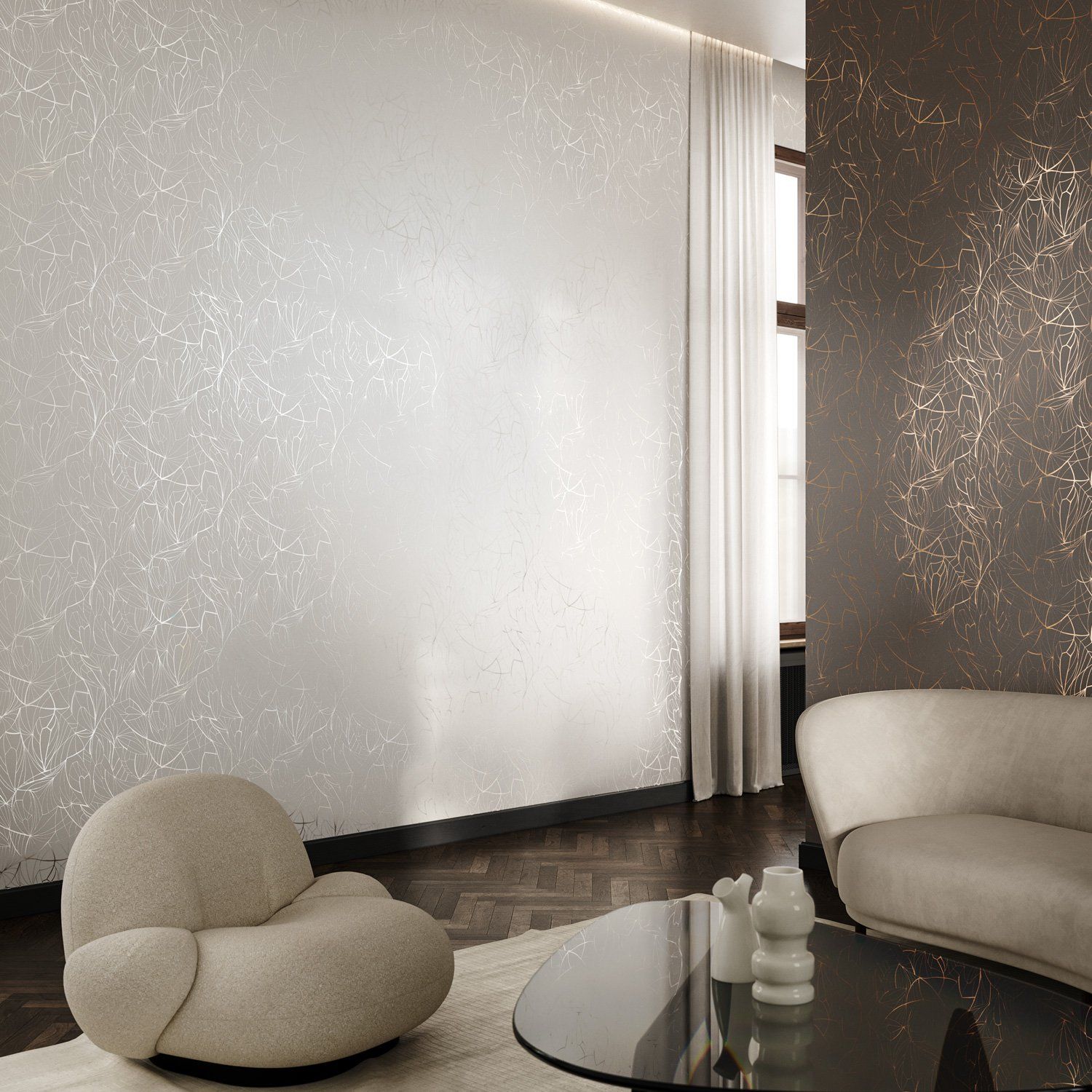 1500x1500 Metallic pewter and limestone Leaf wallpaper.