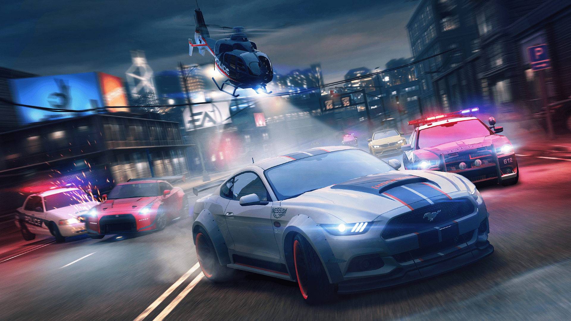 1920x1080 Need For Speed No Limits Video Games Night City Ford Mustang GT Nissan GT R BMW M4 Police Cars Tunin Wallpaper:1920x1080