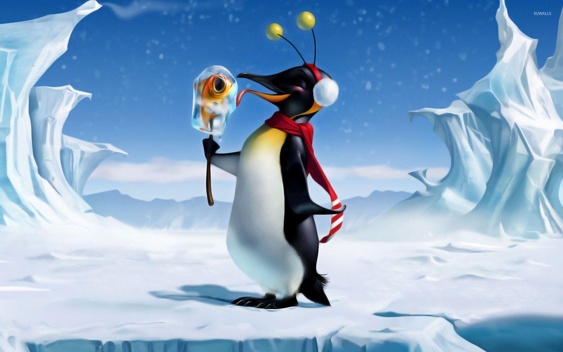 1920x1200 Happy penguin with fish ice cream wallpaper wallpaper