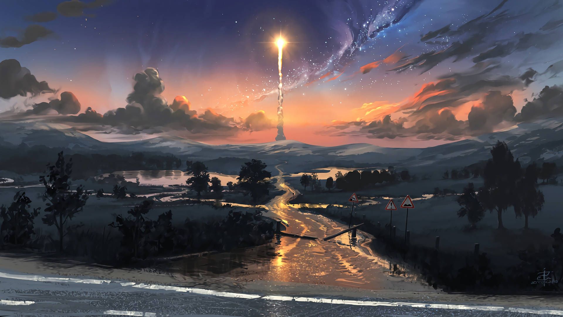 1920x1080 Download Rocket On Landscape Digital Art Wallpaper