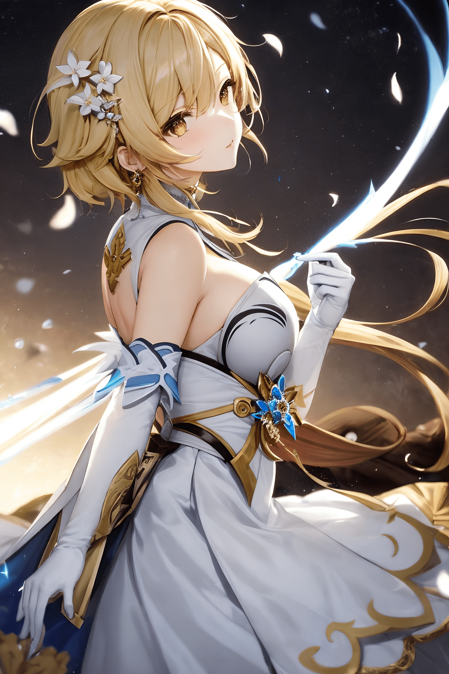 1536x2304 Genshin Impact Anime Girls Lumine Genshin Impact Looking At Viewer Petals Vertical Blonde Yellow Eye Wallpaper:1536x2304
