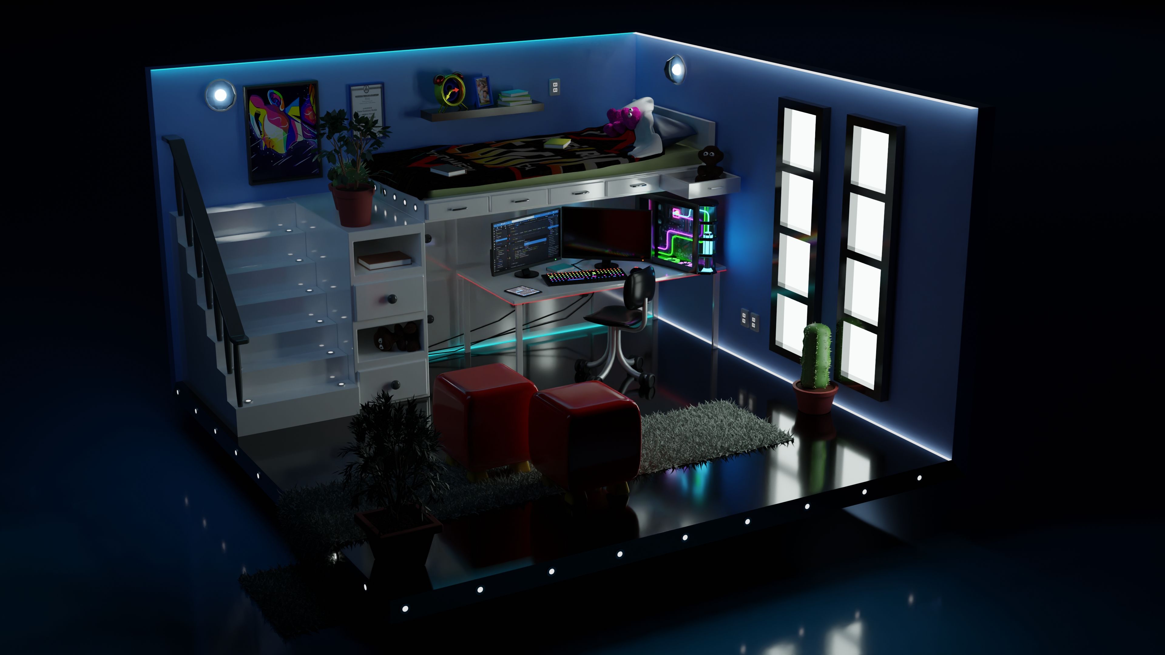 3840x2160 Blender 3D Graphics Render Digital Art Room Gamer PC Build PC Gaming Master Race Wallpaper:3840x2160