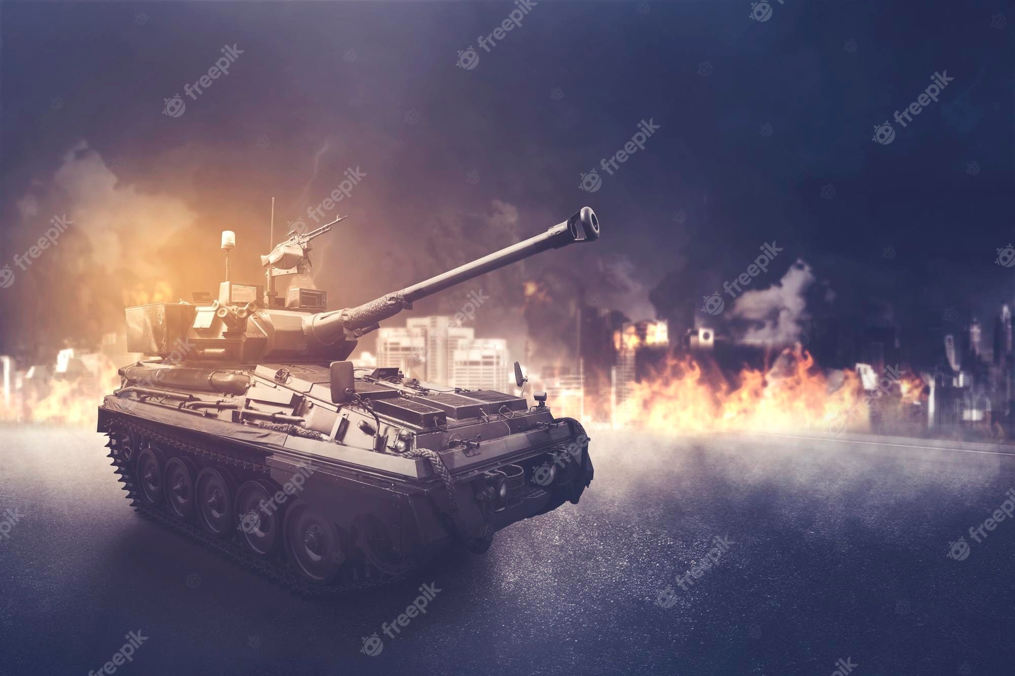 2000x1333 Premium Photo. Side view of military tank moving in the war field over burned city