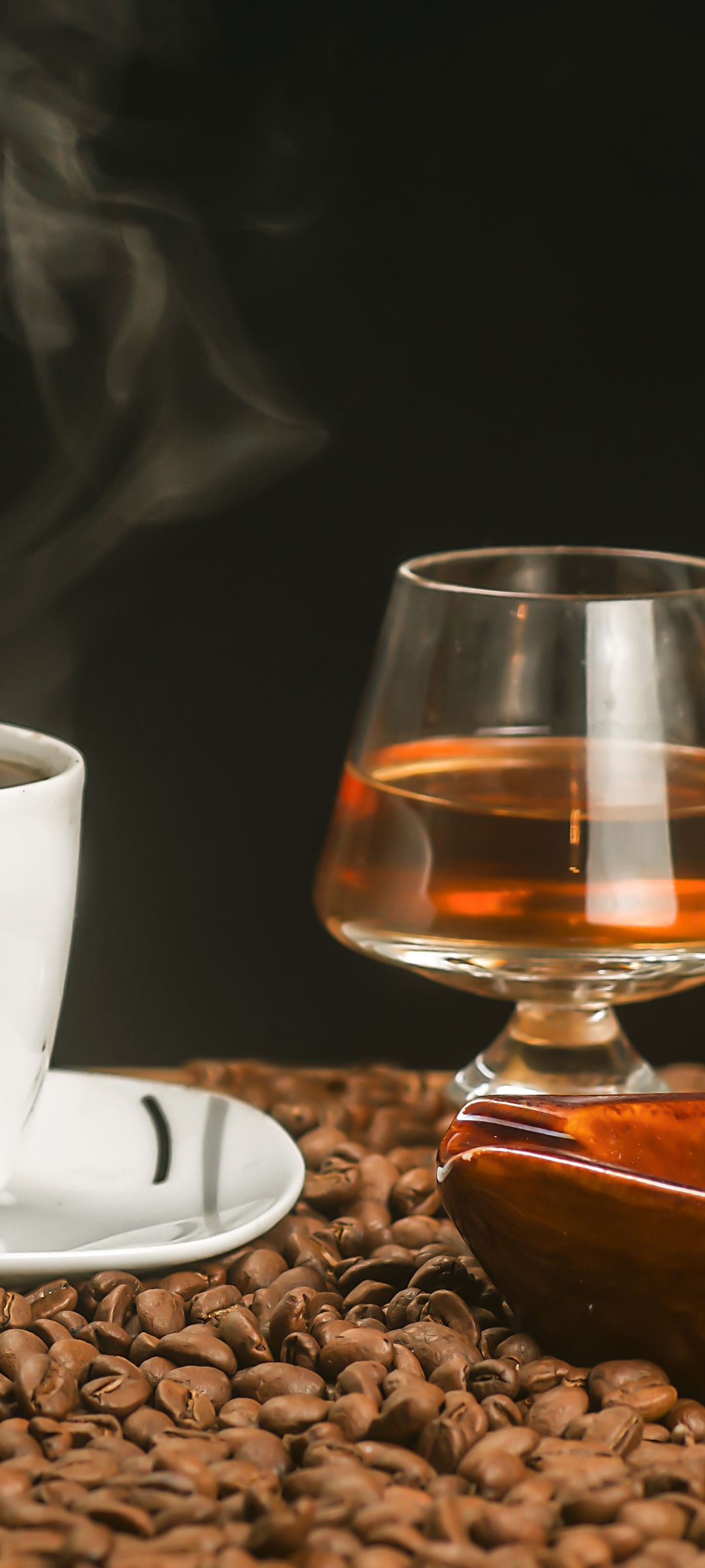 1080x2400 Download Coffee cigar cognac, Coffee, Cup, Cigar, Cognac, Grains, Smoke, Dark, Background Wallpaper in 1080x2400 Resolution