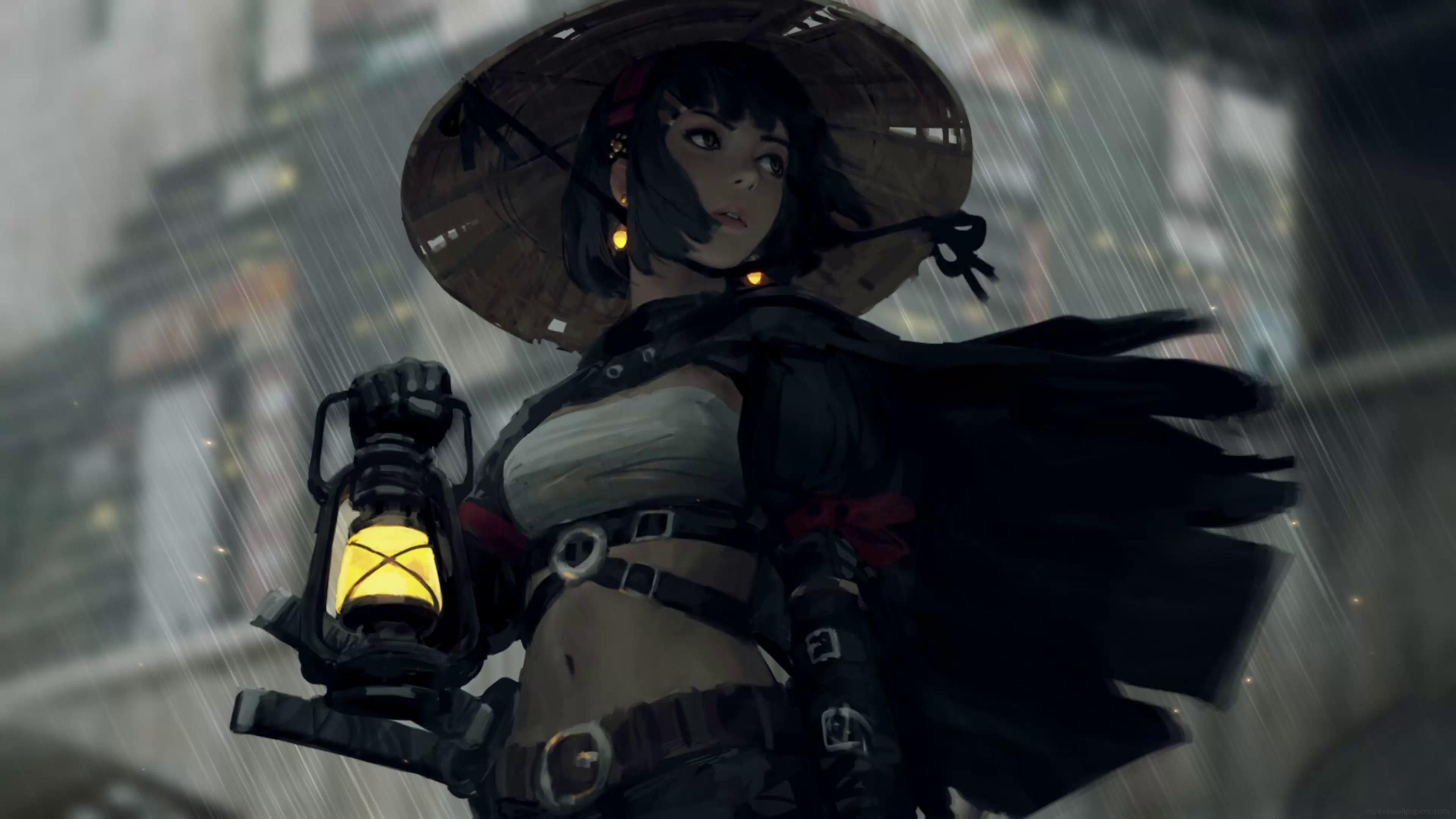 3840x2160 Samurai Girl With Lantern Live Wallpaper