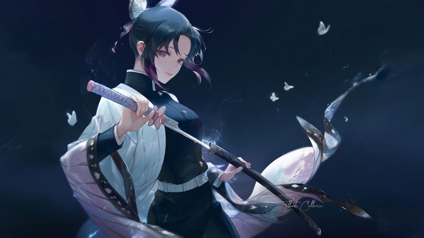 1366x768 Download wallpaper girl, sword, anime, purple eyes, katana, samurai, artwork, warrior, butterflies, dark hair, anime girl, Kimetsu no Yaiba, Kochou Shinobu, section shonen in resolution 1366x768
