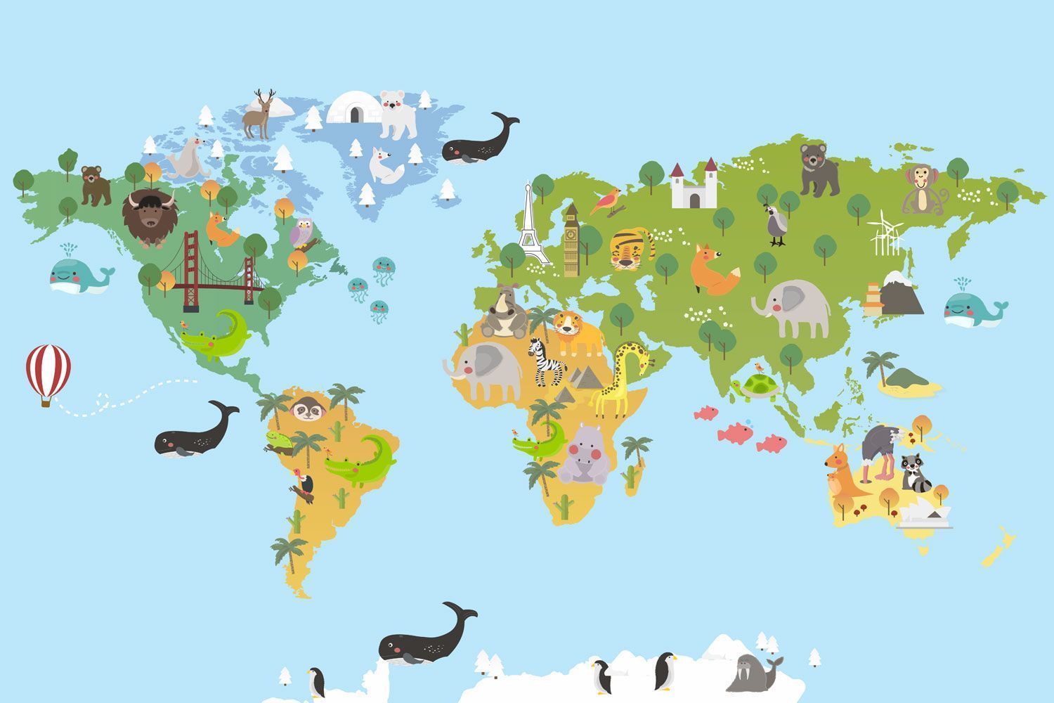 1500x1000 Cartoon Animals World Map