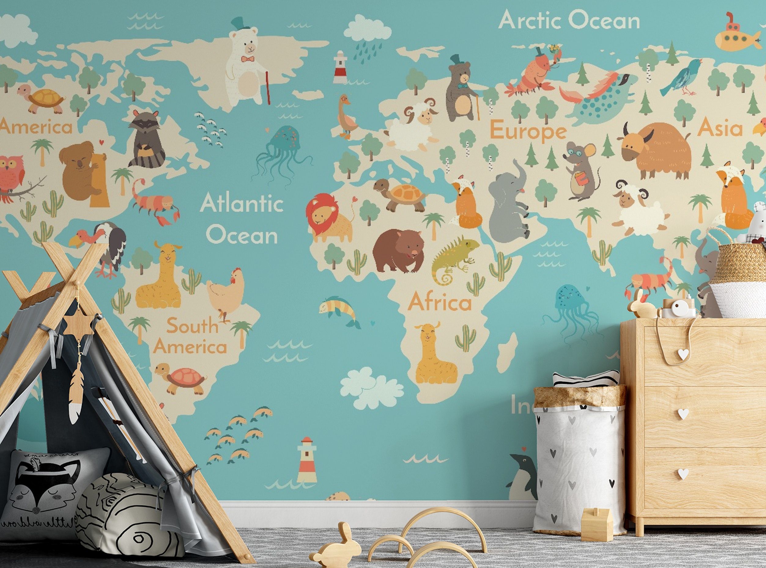 2505x1860 Kids Room World Map with Animal Wallpaper