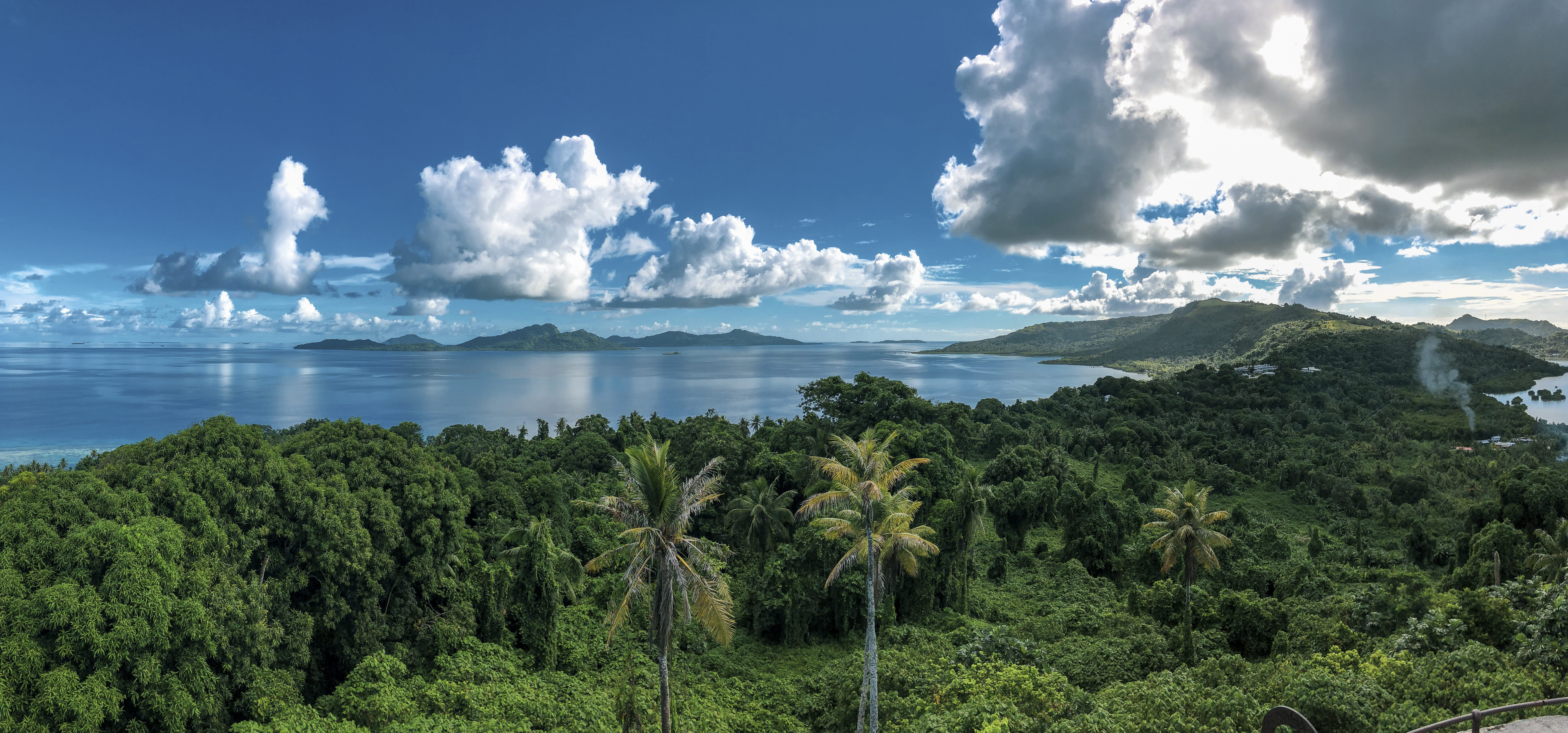 8398x3924 Wallpaper / shoreline, green, nature, lagoon, water, moen, green color, federated states of micronesia, travel destinations, trees, summer, sea, scenics, ocean free download