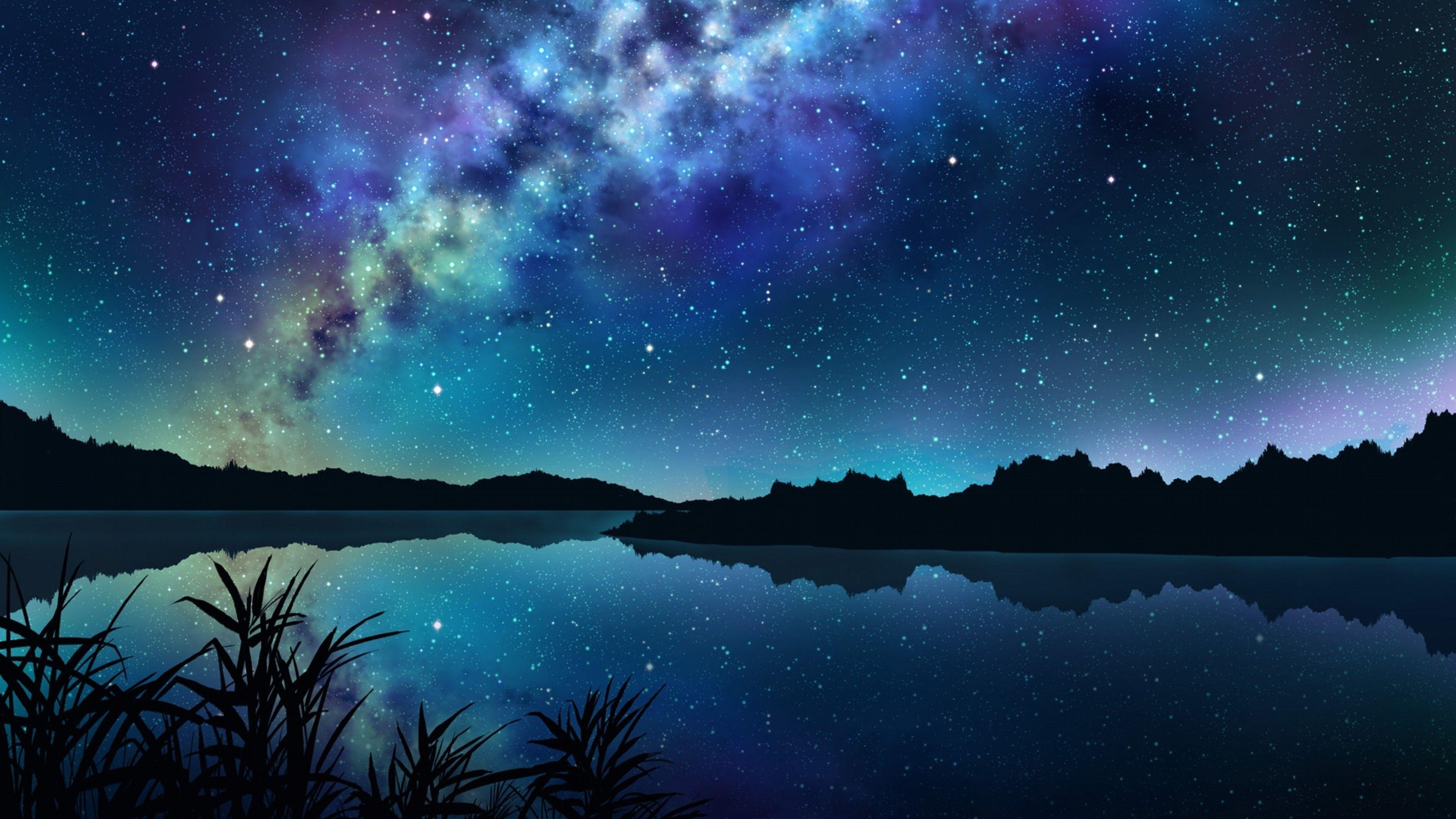 3840x2160 Download 3840x2160 Anime Landscape, River, Night, Stars, Reflection