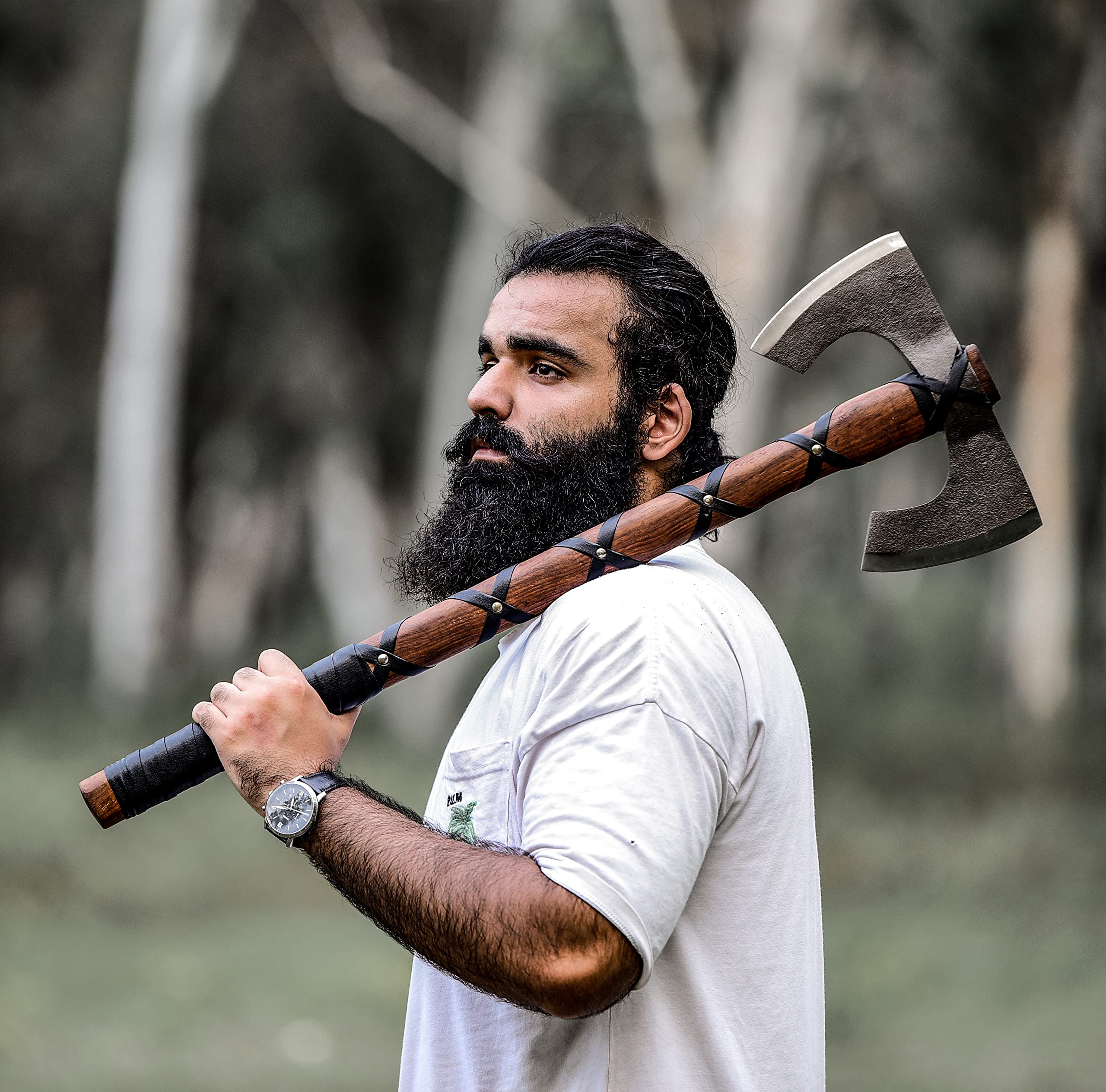 2560x2528 Amazon.com : Double Blade Battle Axe Functional, Viking Double Sided Axe, Hand Forged Double bit Axe, Custom Battle Ready Axe with Leather wrap : Patio, Lawn & Garden