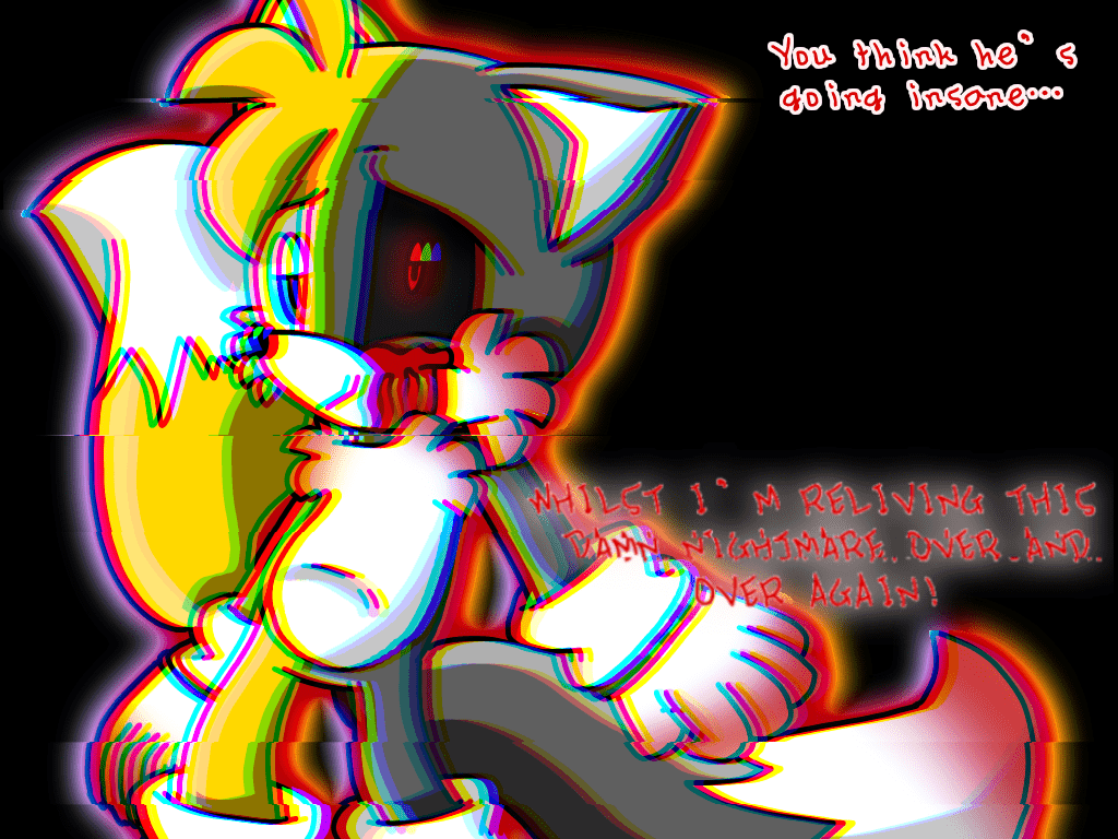 1024x768 Semi Grimdark, Artist:datoneuwuwaffle, Miles Tails Prower, Oc, Oc: Tails.exe, Fox, Black Background, Black Sclera, Bleeding From Eyes, Blood, Blood Stain, Clenched Fist, Dialogue, Every Tail Has Two Sides, Evil Vs Good, Glitch