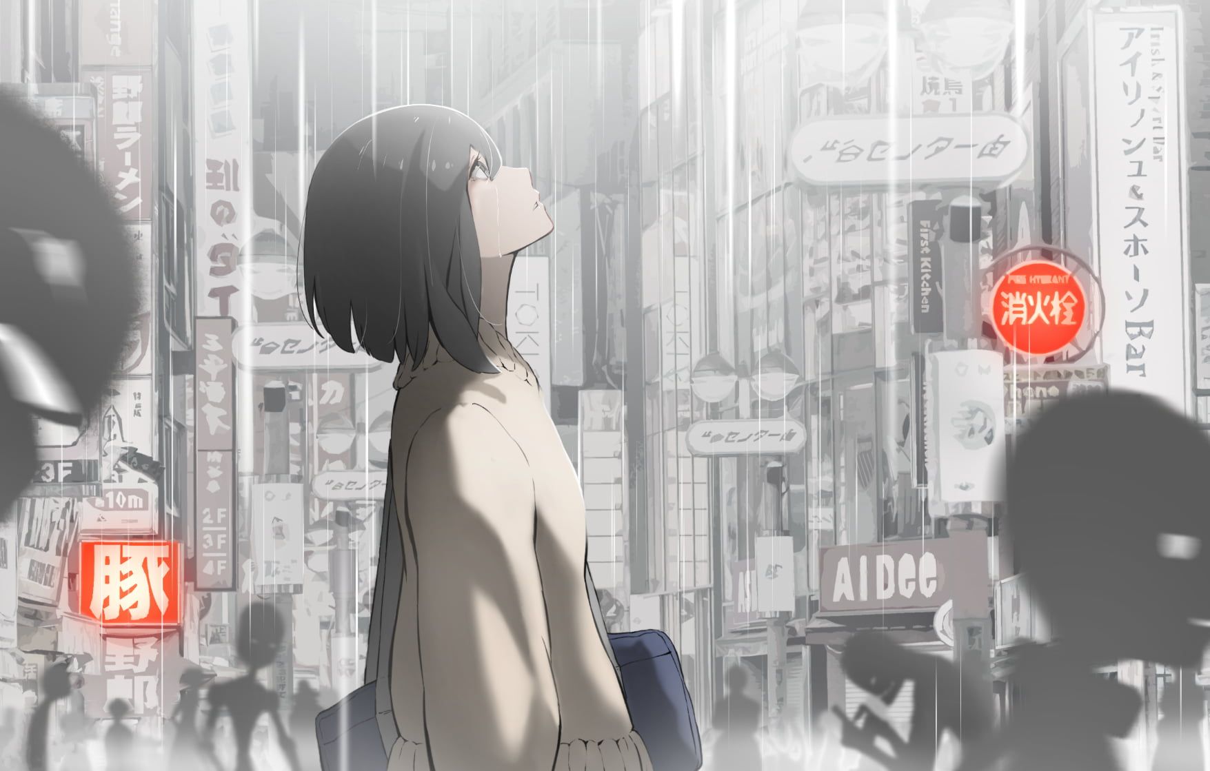 1755x1119 Wallpaper Alone, Japan, Street, Anime Girls, City