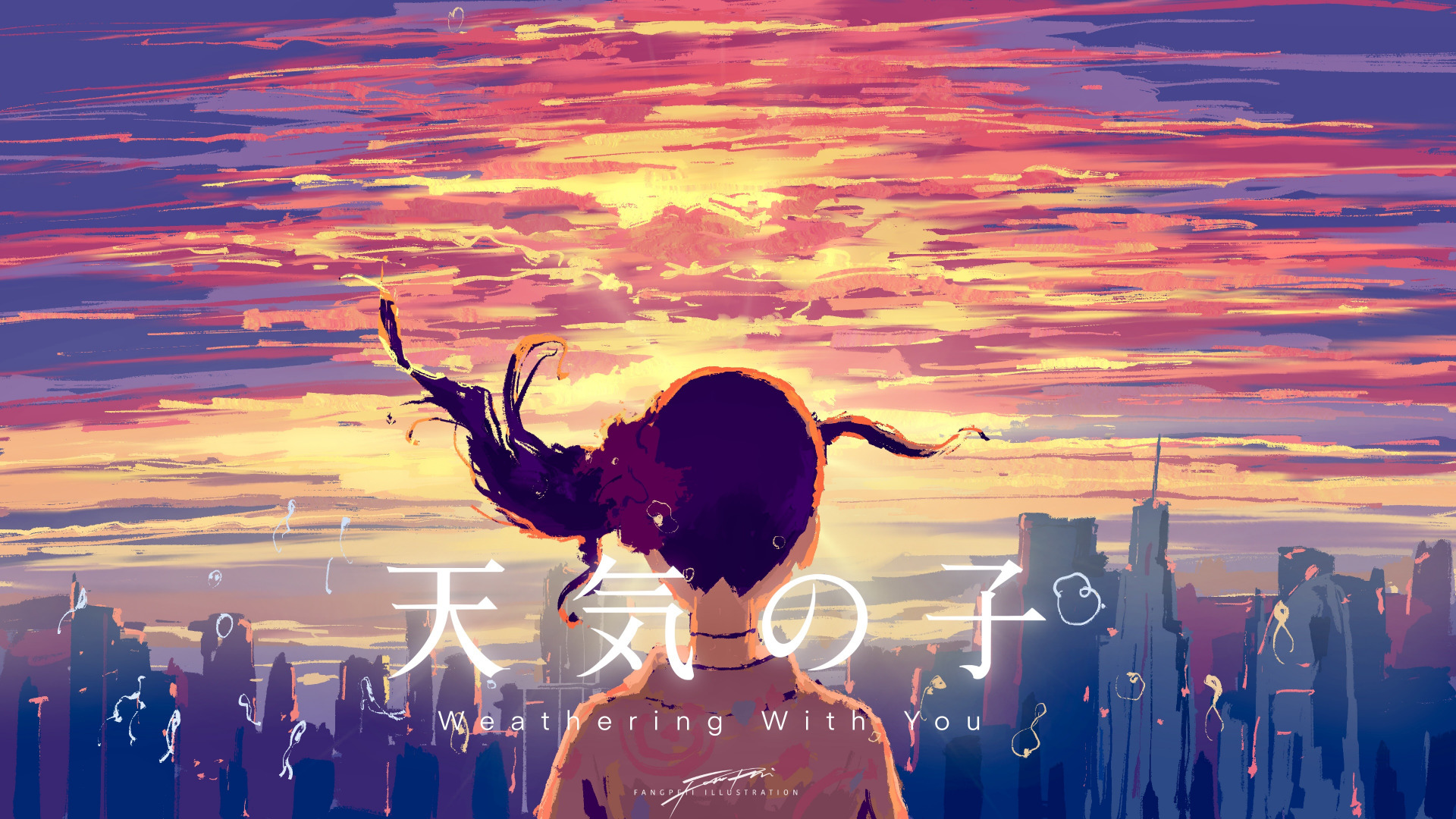 1920x1080 Download wallpaper the sky, girl, sunset, the city, Hina Amano, Tenki no Ko, section art in resolution 1920x1080