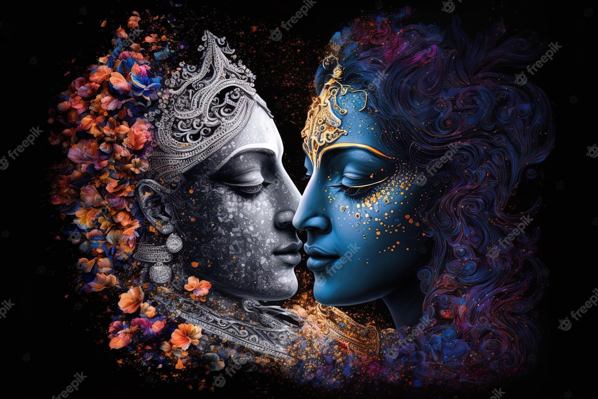2000x1333 Premium Photo. Radha krishna in love medium shot photography portrait of cosmic galactic generative ai symbol of devine love art print for home decor hindu couple on abstract decorative background