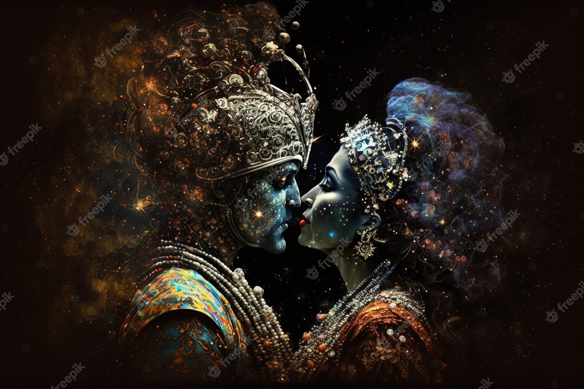 2000x1333 Premium Photo. Radha krishna in love medium shot photography portrait of cosmic galactic generative ai symbol of devine love art print for home decor hindu couple on abstract decorative background
