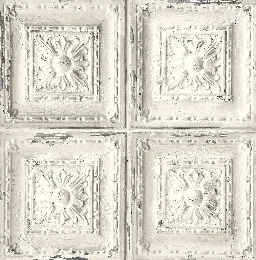 894x910 NextWall Distressed Faux Tin Tile Peel And Stick Wallpaper. (Off White Lt Gray)