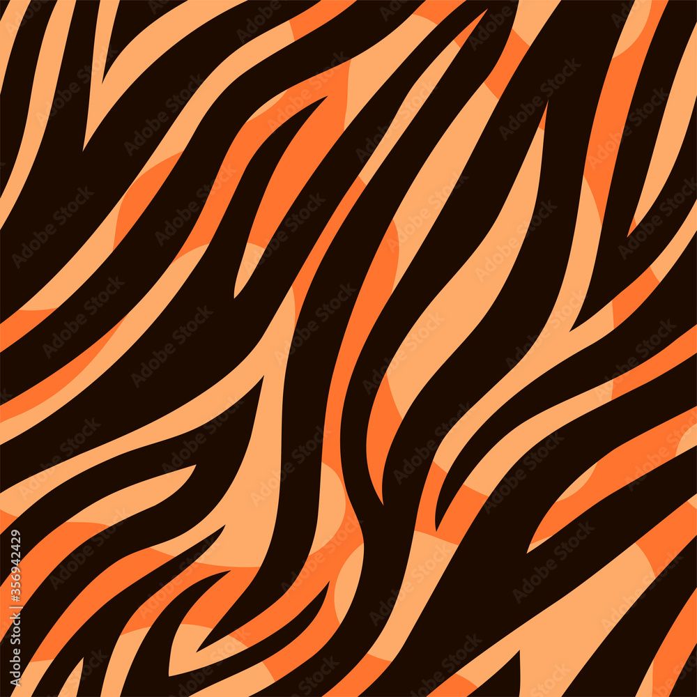 1000x1000 Trendy orange tiger seamless pattern. Hand drawn fashionable wild animal skin texture for fashion print design, fabric, textile, wrap, background, wallpaper. Vector illustration Stock Vector