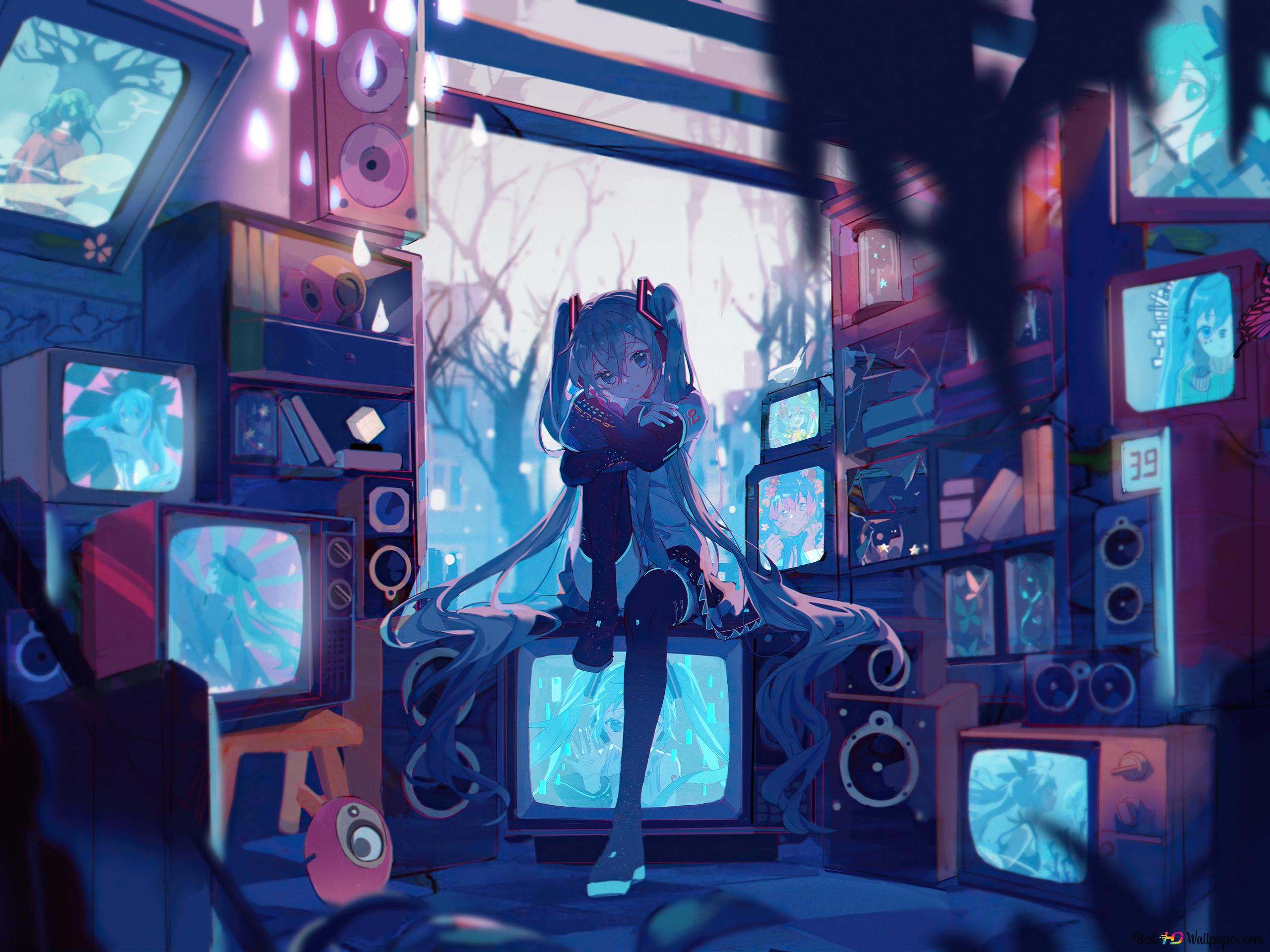 2560x1920 Lonely girl in her room thinking in front of the screens on the wall 4K wallpaper download