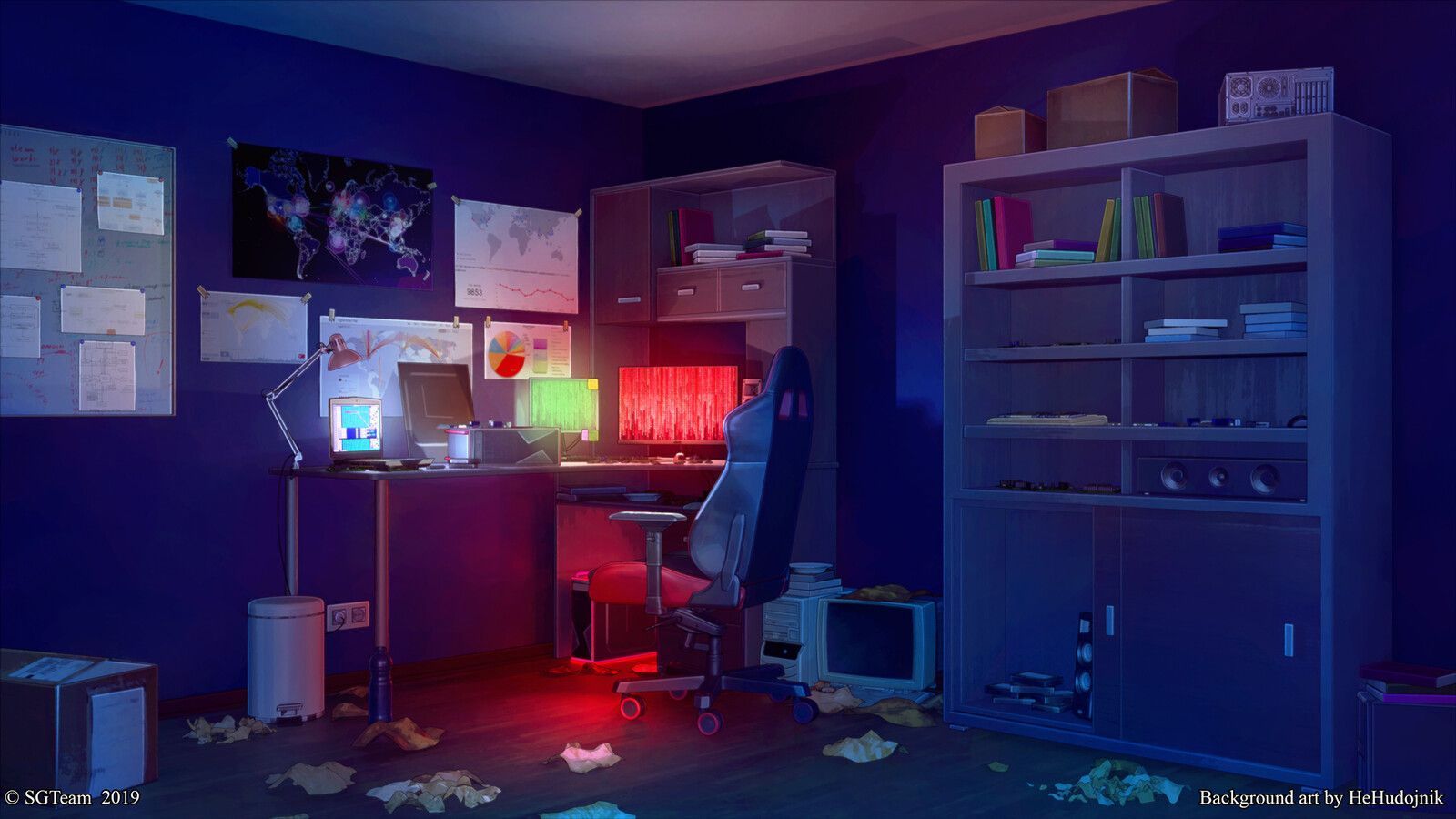 1600x900 Room of PC Geek for visual novel, Vladyslav. Cenário anime, Paisagens, Anime