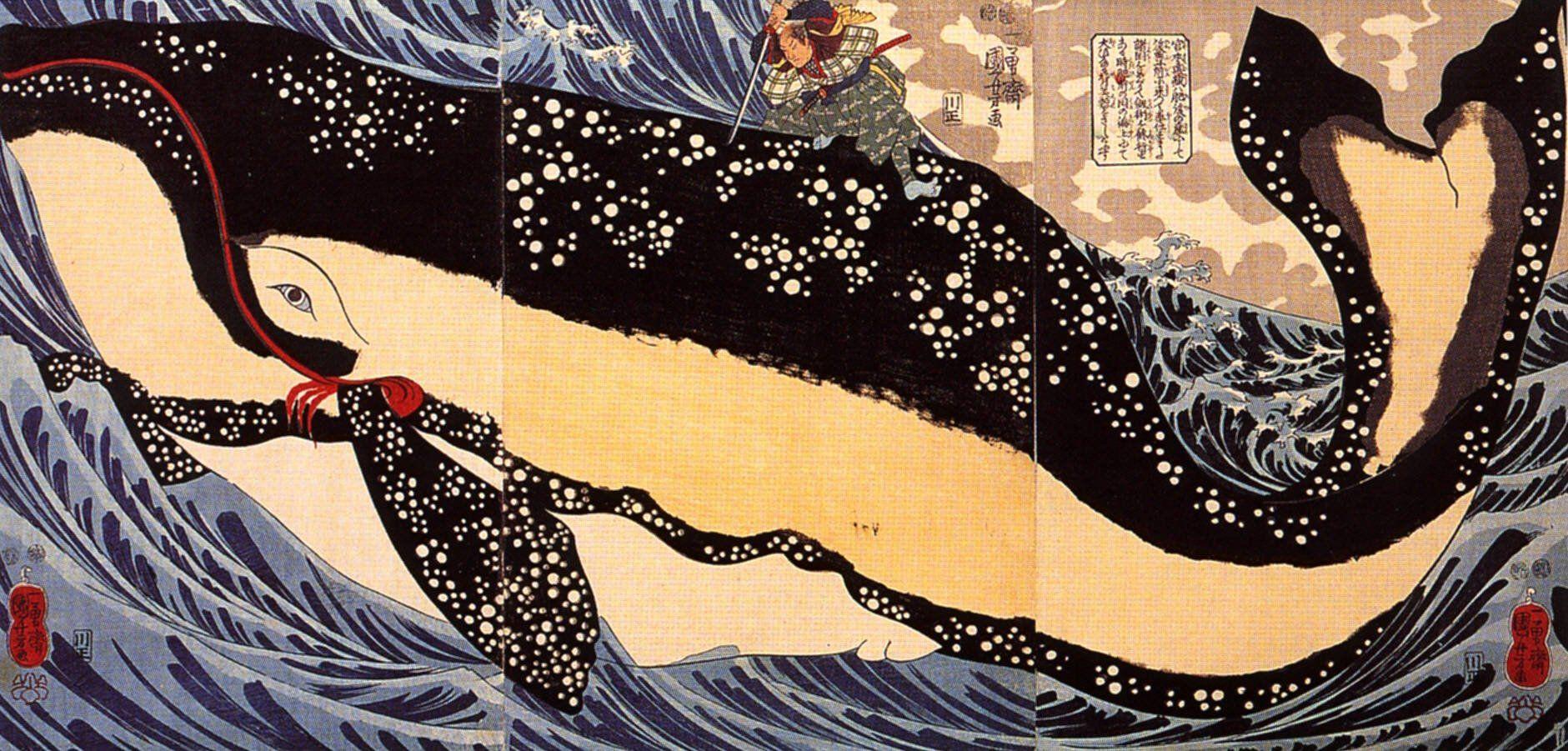 1881x901 Japan Miyamoto Paintings Whales Woodblock