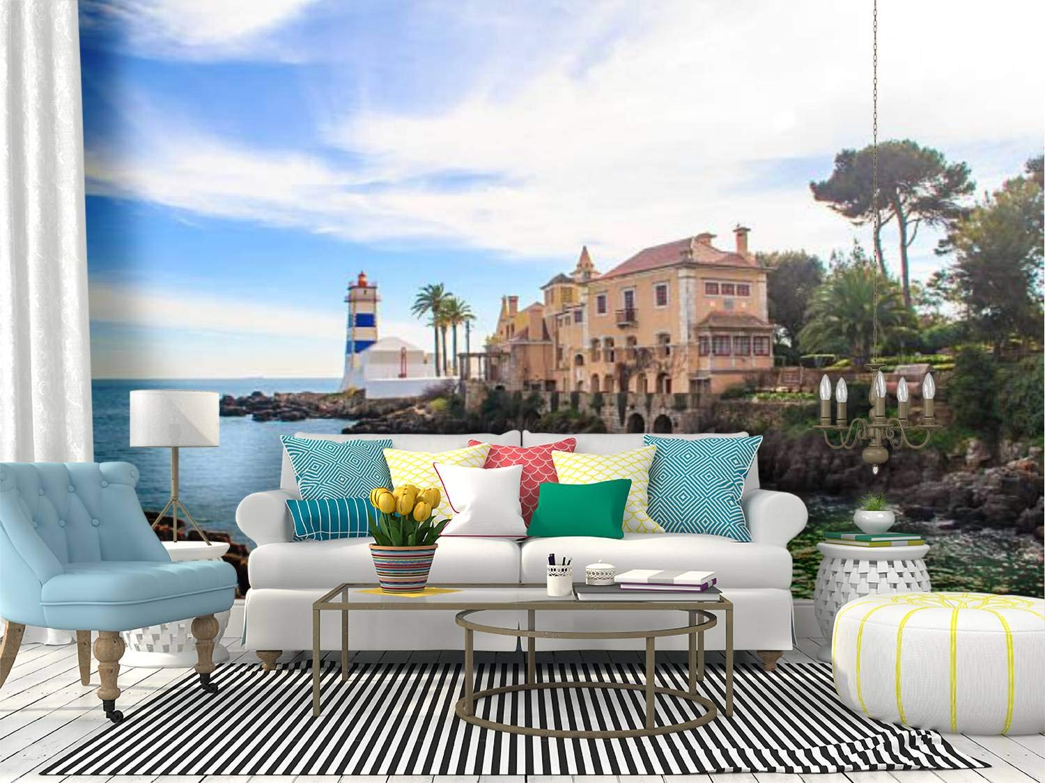 1500x1125 Wall Mural cascais Farol de Santa Marta em Cascais Azulejos of Lisbon stock Peel and Stick Wallpaper Self Adhesive Wallpaper Large Wall Sticker Removable Vinyl Film Roll Shelf Paper Home Decor