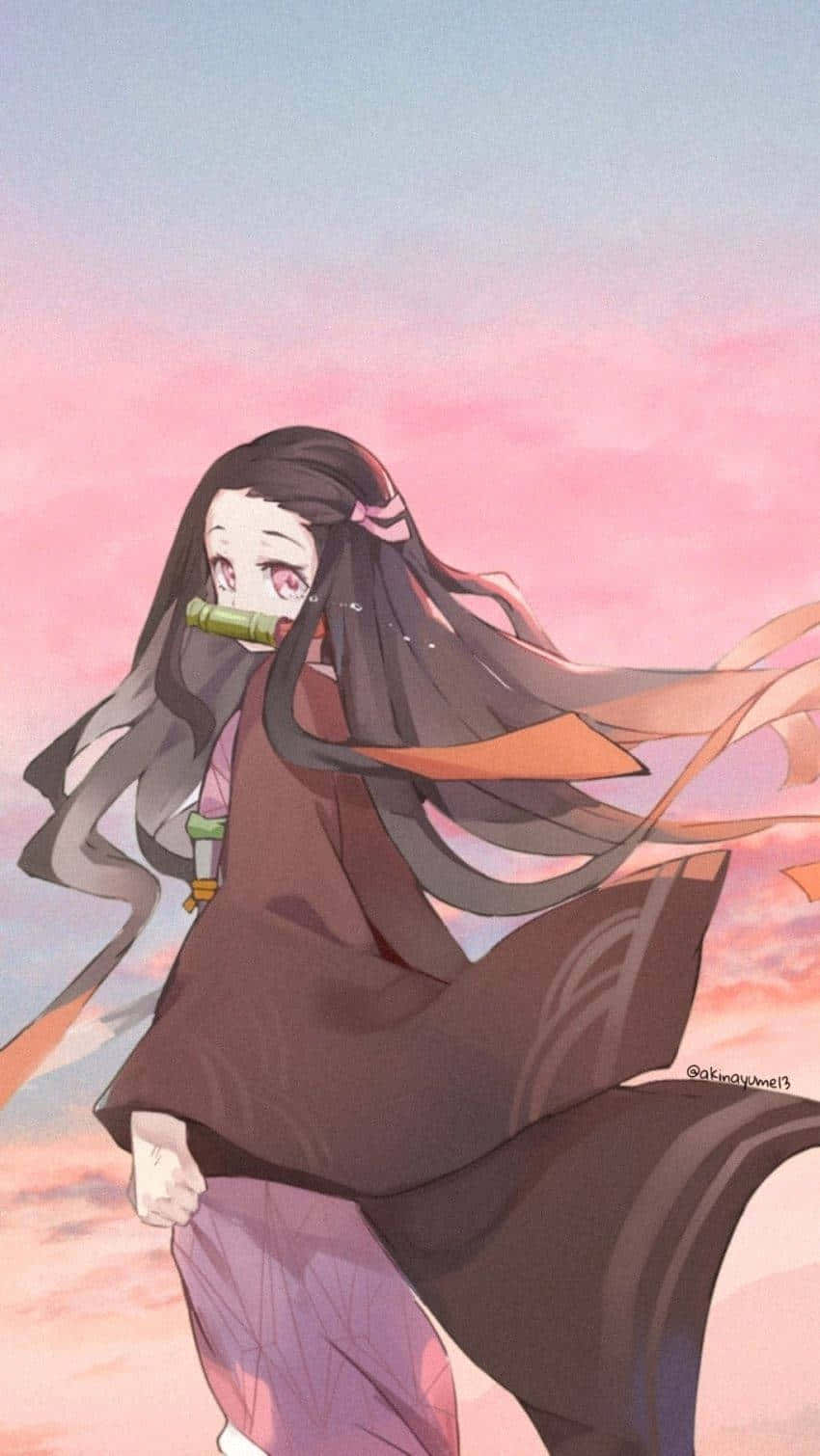 850x1510 Download Nezuko Kamado Cute Demon Slayer Pastel Themed Digital Art Wallpaper
