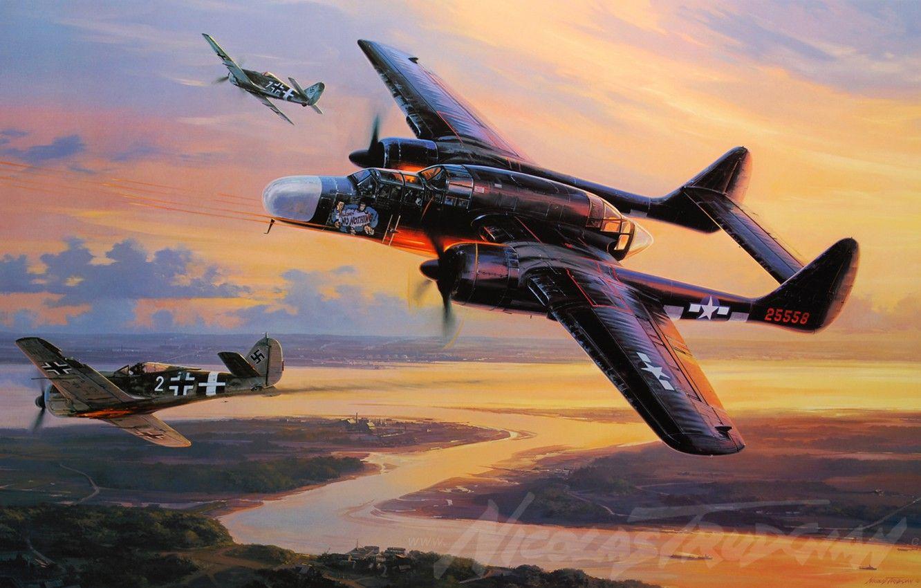 1332x850 Wallpaper The Plane, Fighter, Painting, P Black Widow, WW Aircraft Art, P 61 Black Widow Image For Desktop, Section авиация