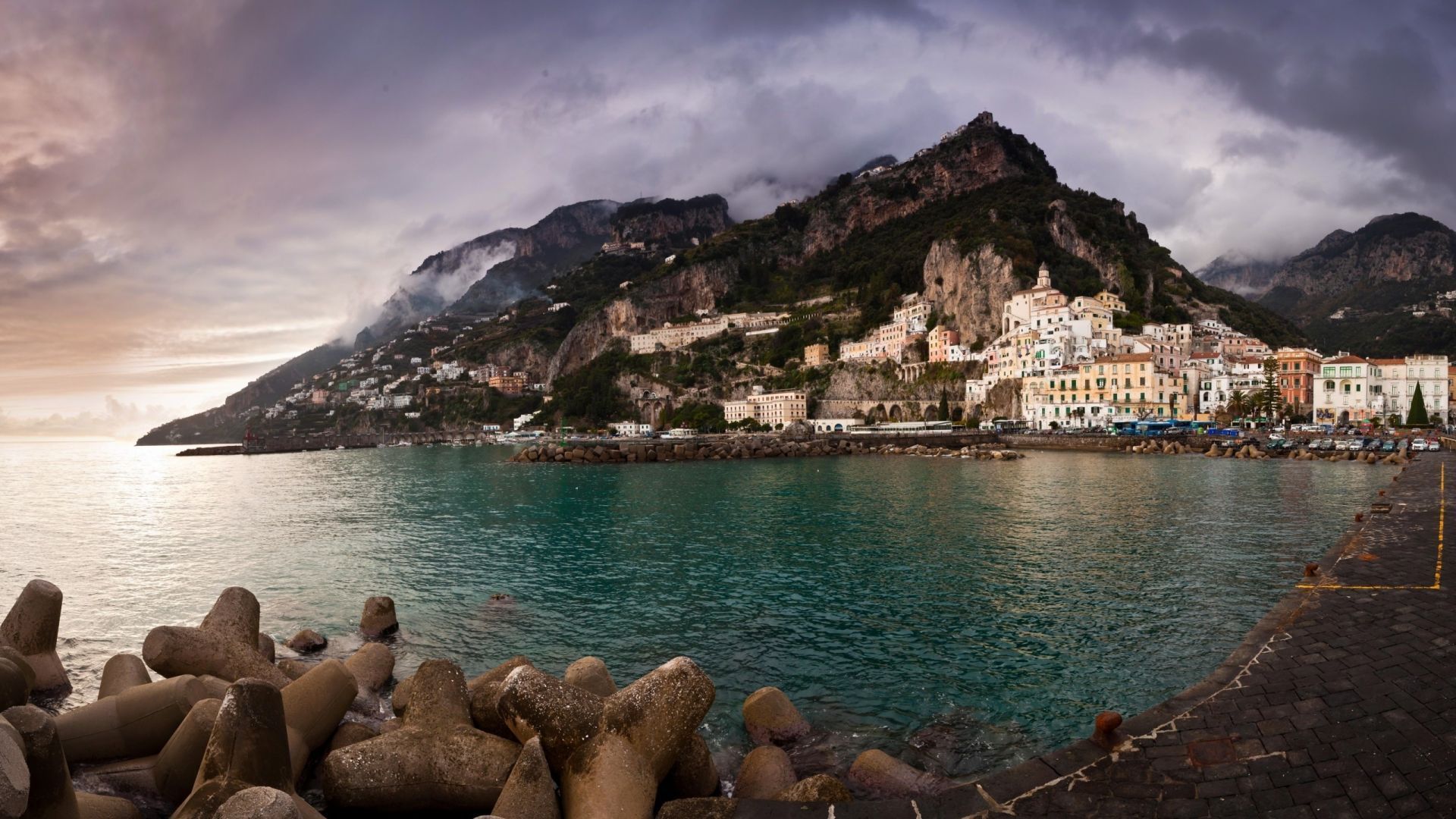 1920x1080 Desktop Wallpaper Coastal Town, Amalfi, Sea, Mountains, HD Image, Picture, Background, 0e7fb1