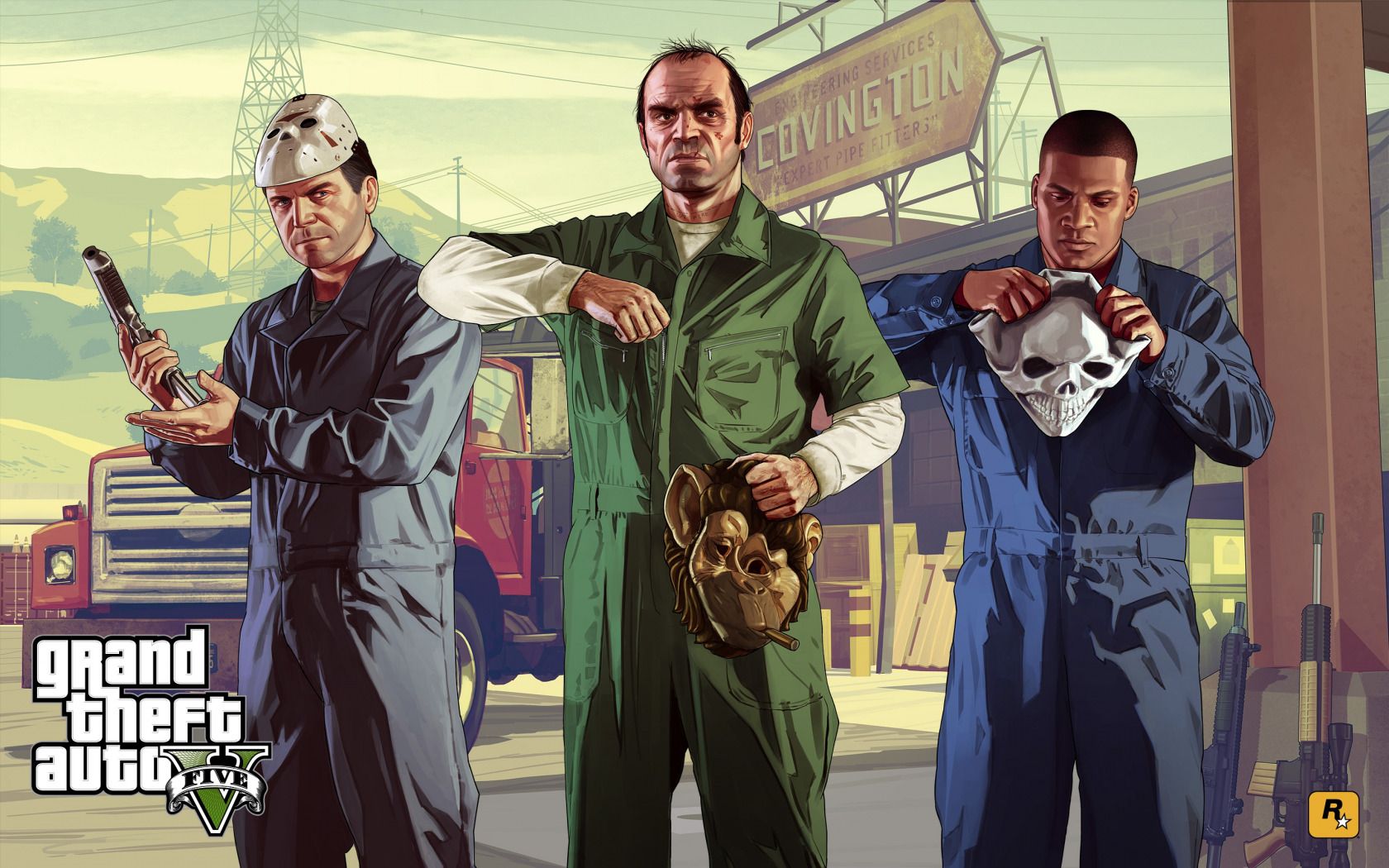 1680x1050 Download wallpaper gun, skull, monkey, mask, Rockstar, gta, Grand Theft Auto V, GTA V, gta Franklin Clinton, Trevor Phillips, Michael Townley, Overalls, section games in resolution 1680x1050