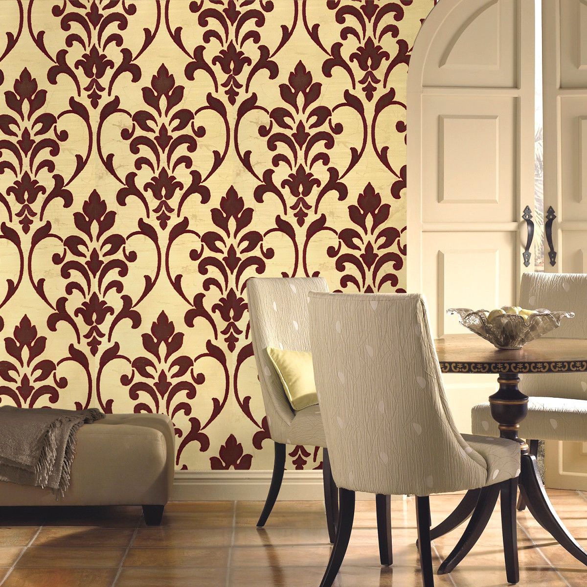 1200x1200 Gold Burgundy Damask Flock Wallpaper
