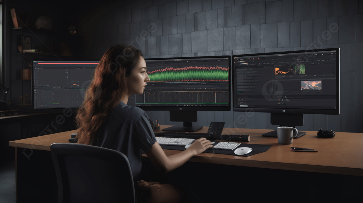 1200x673 Photo Showing A Woman Using Pro Tools In Front Of Two Monitors Background, Davinci Resolve Picture In Picture Background Image And Wallpaper for Free Download