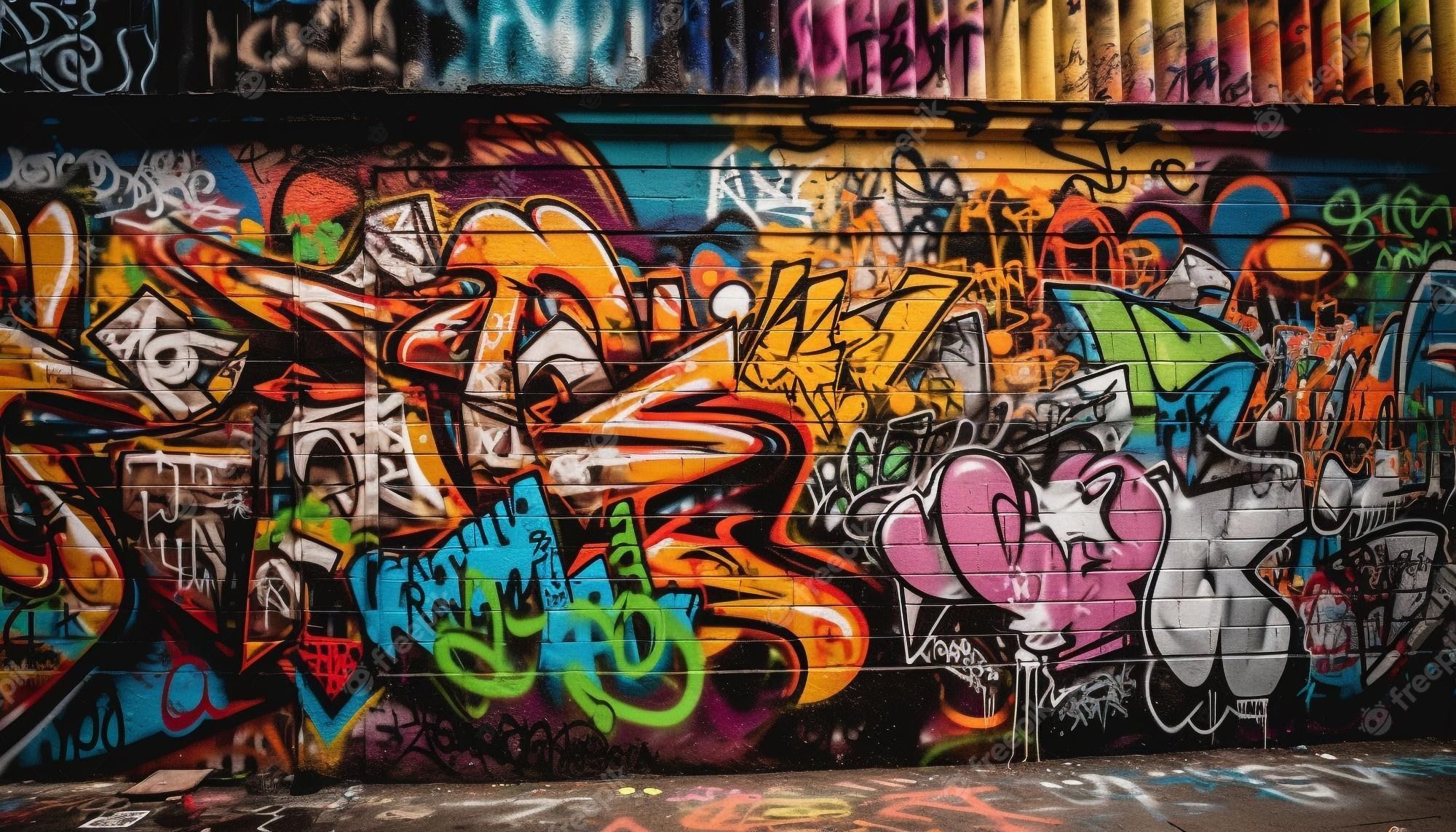 2000x1143 Los colores vibrantes iluminan los grafitis callejeros de una ciudad caótica generados por ia