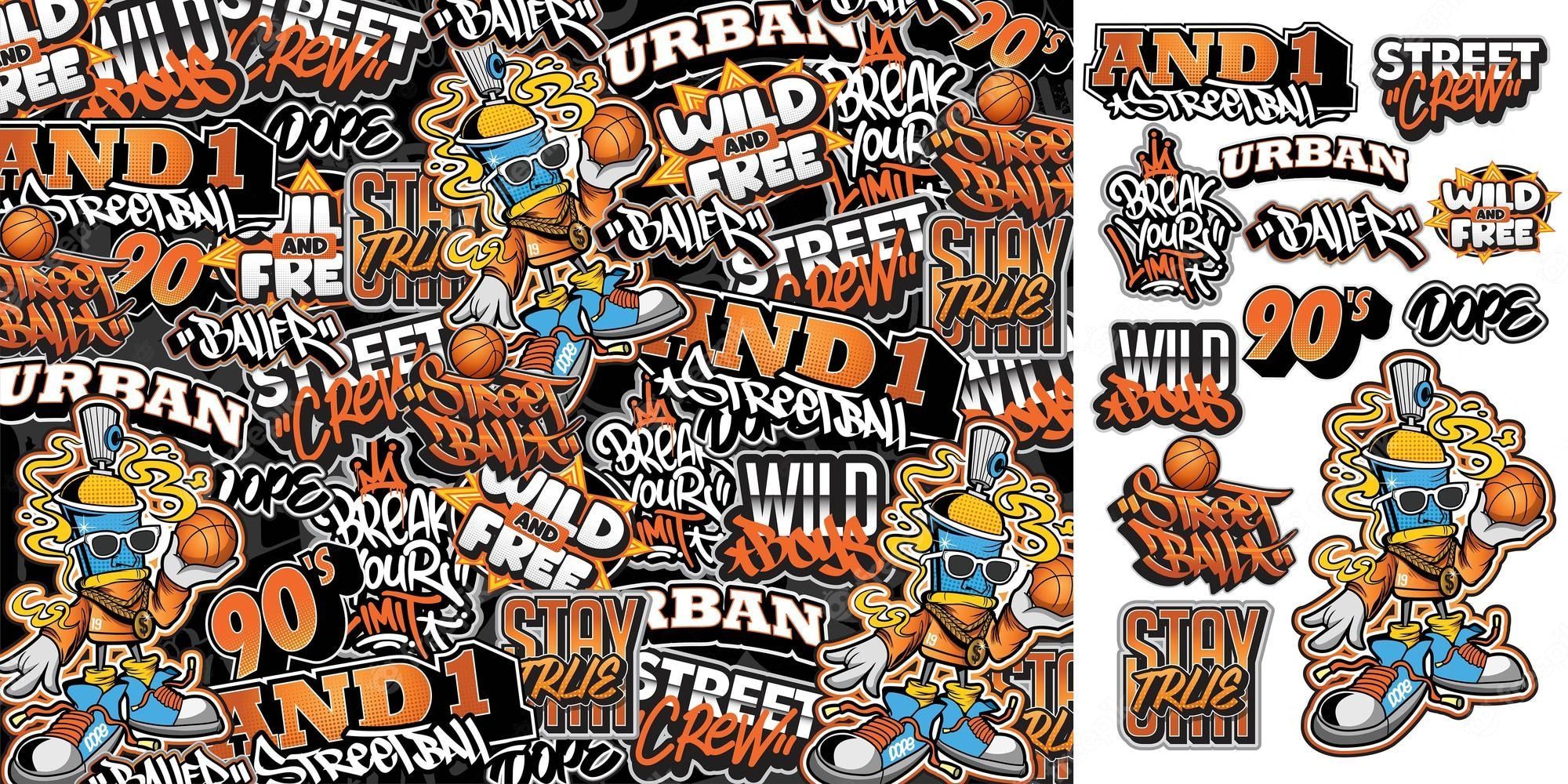 2000x1000 Un conjunto de coloridos diseños de pegatinas de las ilustraciones de baloncesto callejero en estilo graffiti