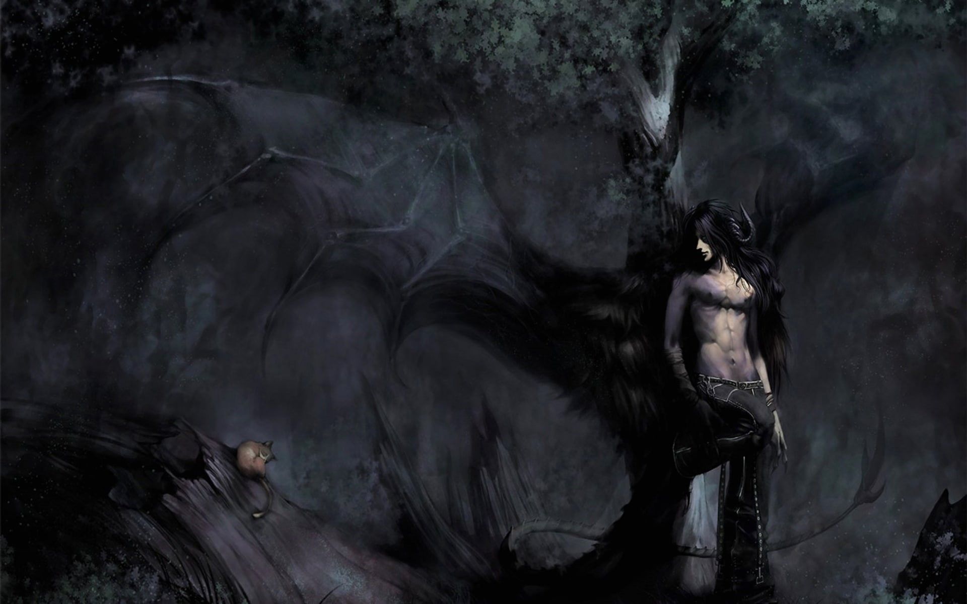 1920x1200 Wallpaper / art, 1080P, paintings, demon, boy, creature, Dark, nature, anime, mood, monster, forest, fallen, Trees, men, fantasy, males, angel free download