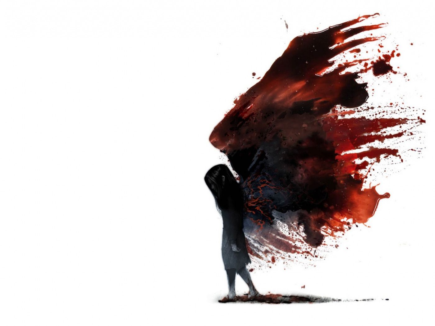 1400x1050 Download wallpaper void, loneliness, hopelessness, blood, shadow, spot, pain, fallen angel, black wings, section fantasy in resolution 1400x1050