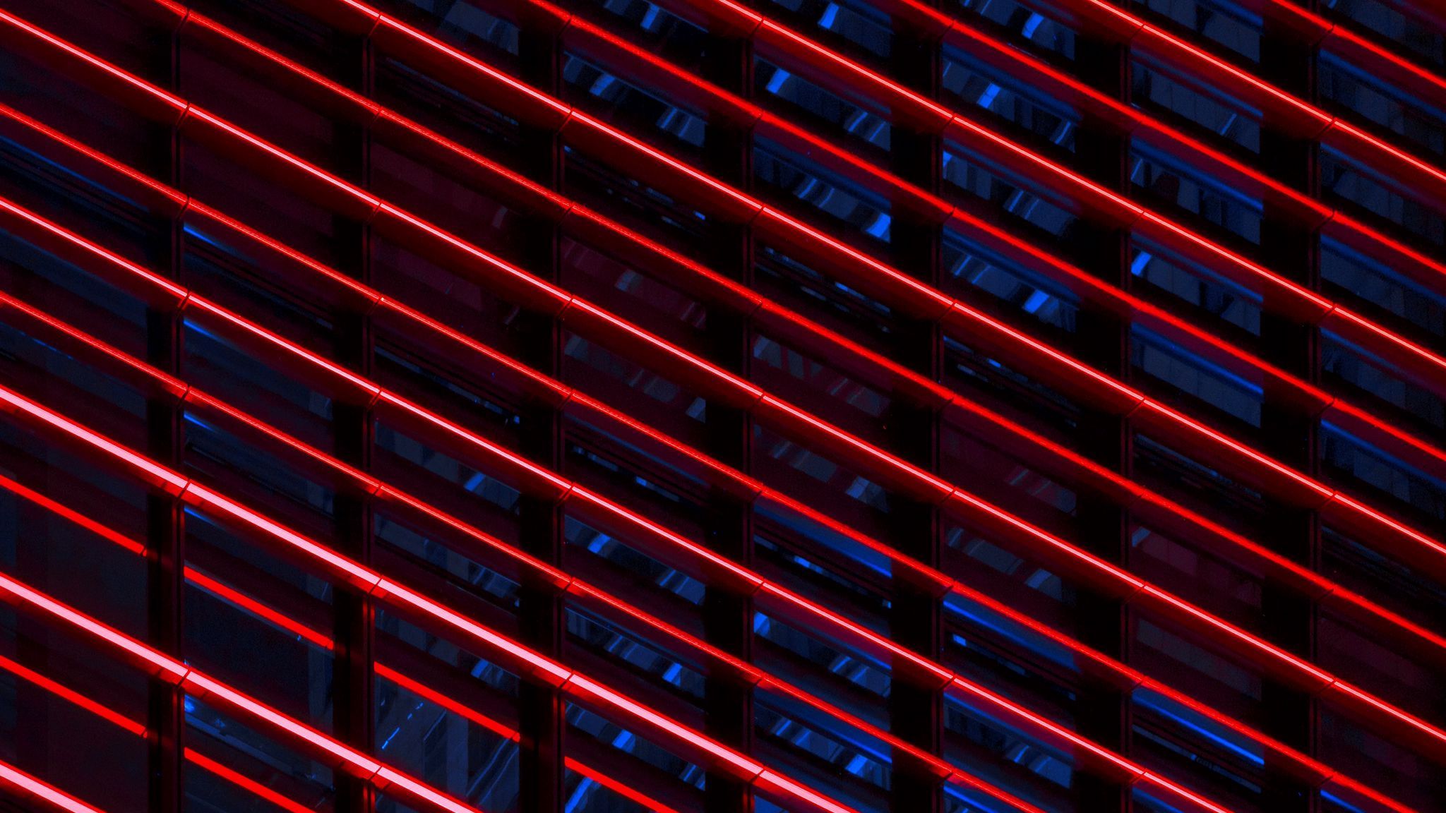 2048x1152 Download wallpaper 2048x1152 neon, stripes, red, blue ultrawide monitor HD background