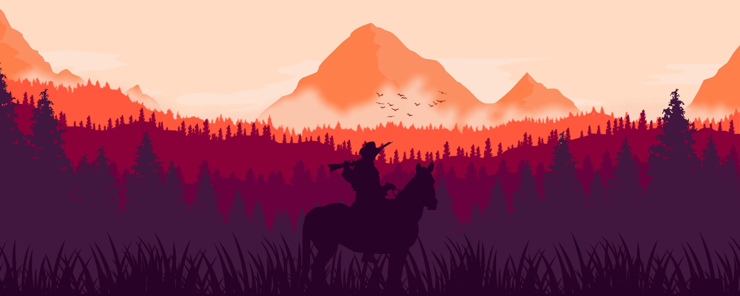 2560x1024 Download wallpaper 2560x1024 red dead redemption horse ride, silhouette, art, dual wide 21:9 2560x1024 HD background, 16591