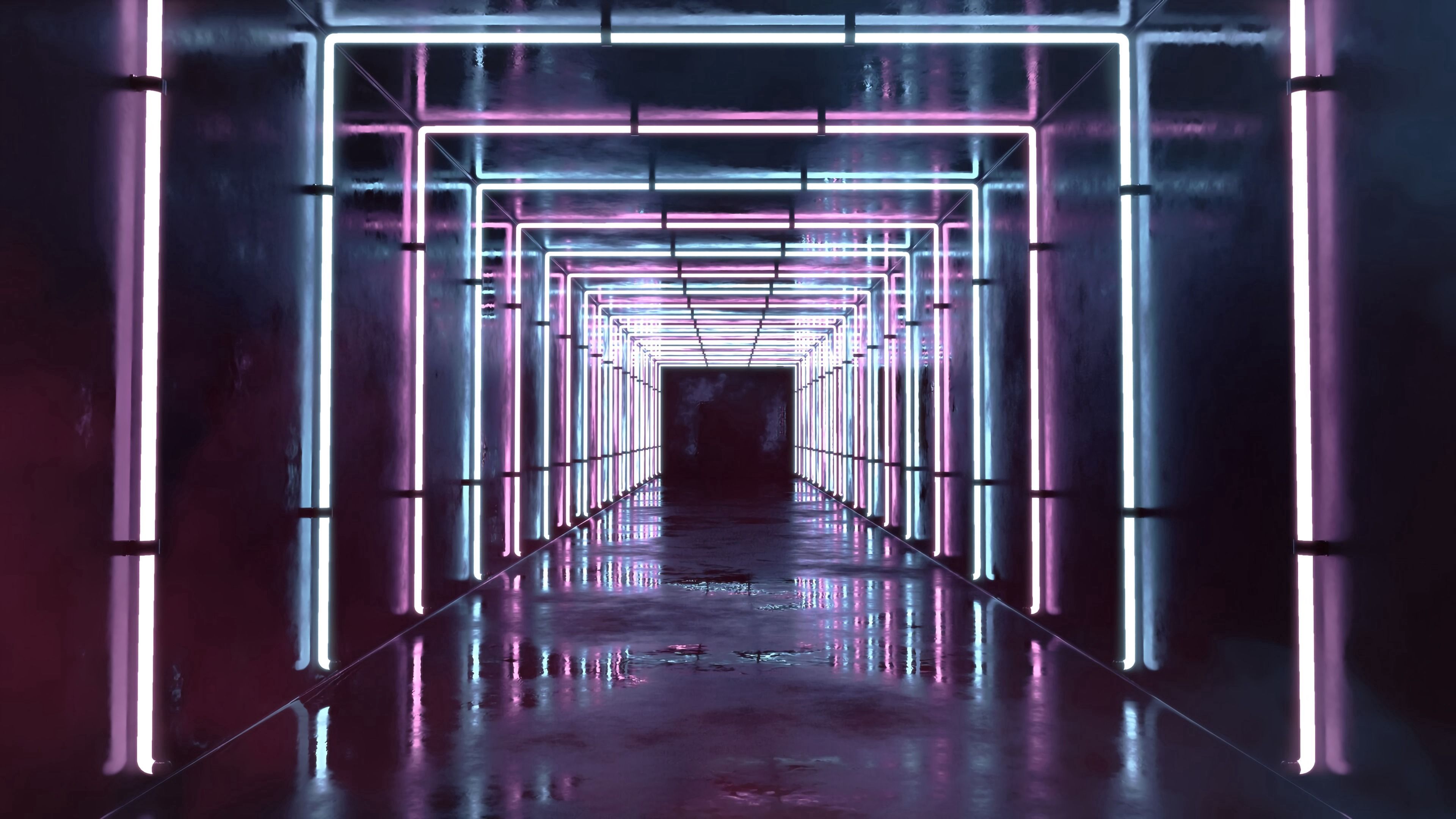 3840x2160 Wallpaper / corridor, tunnel, neon, light, reflection, 4k free download
