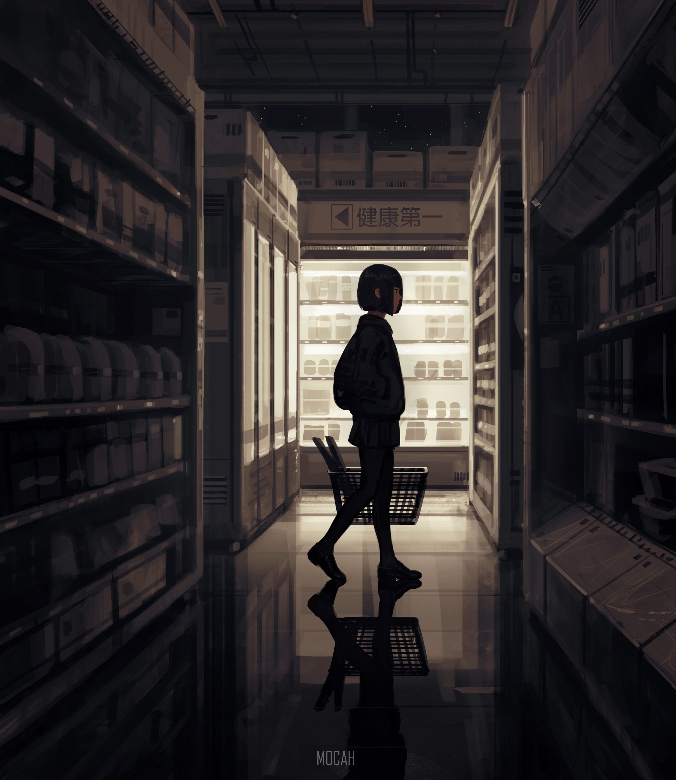 2599x3000 women, black hair, bangs, shoulder length hair, anime, anime girl, schoolgirl, school uniform, profile, side view, walking, jacket, skirt, pantyhose, shoes, stores, dark, night, stars, reflection, original character, drawing, illustration, GUWEIZ