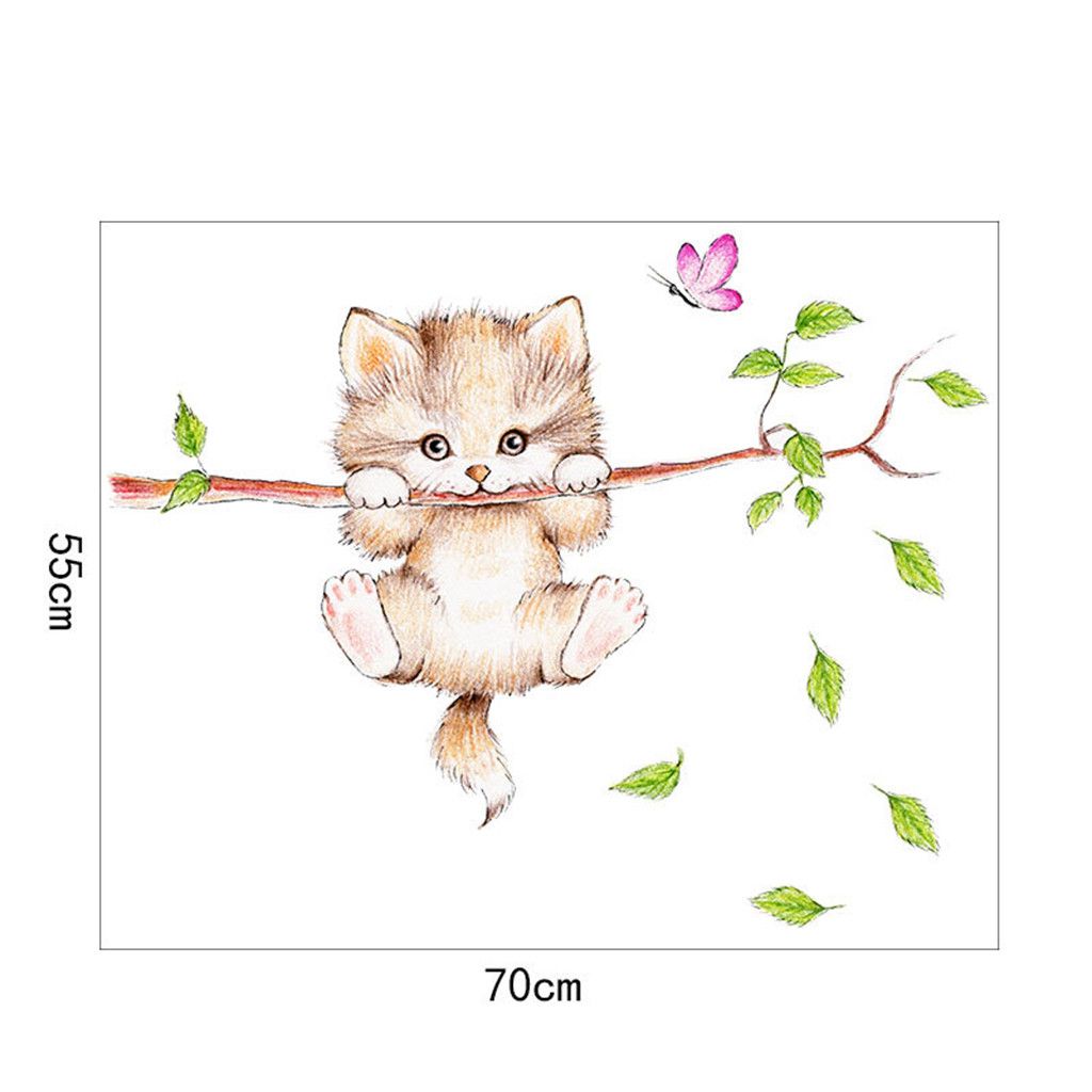 1024x1024 Cartoon wallpaper cat spring green leaves wall sticker bedroom study background wall sticker 8.28