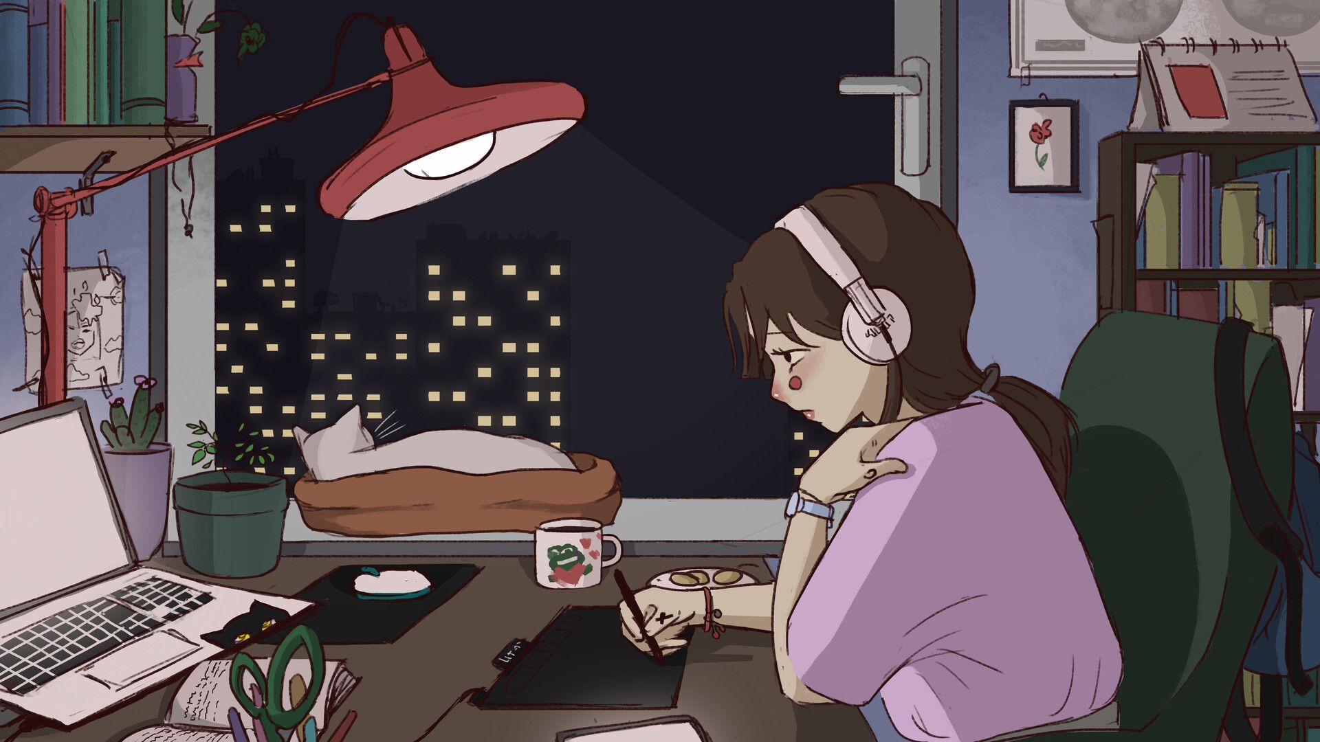 1920x1080 Anime Girl Studying Wallpaper