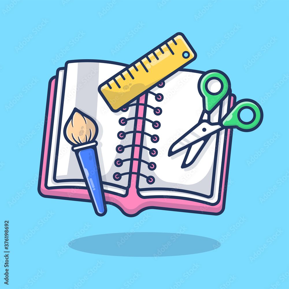 1000x1000 Book with Brush, Ruler, and Scissors Vector Illustration. Education Tool, Equipment Study, Learning Concept. Flat Cartoon Style Suitable for Sticker, Wallpaper, Icon, Landing Page, Web. Stock Vector