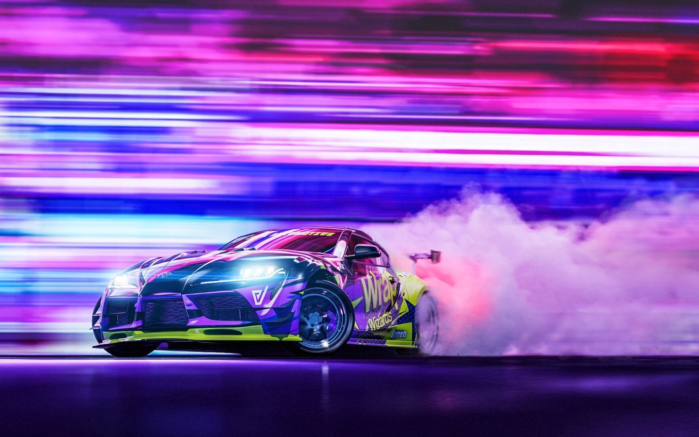 1440x900 Download wallpaper 1440x900 sportscar, drift, neon, smoke, speed widescreen 16:10 HD background