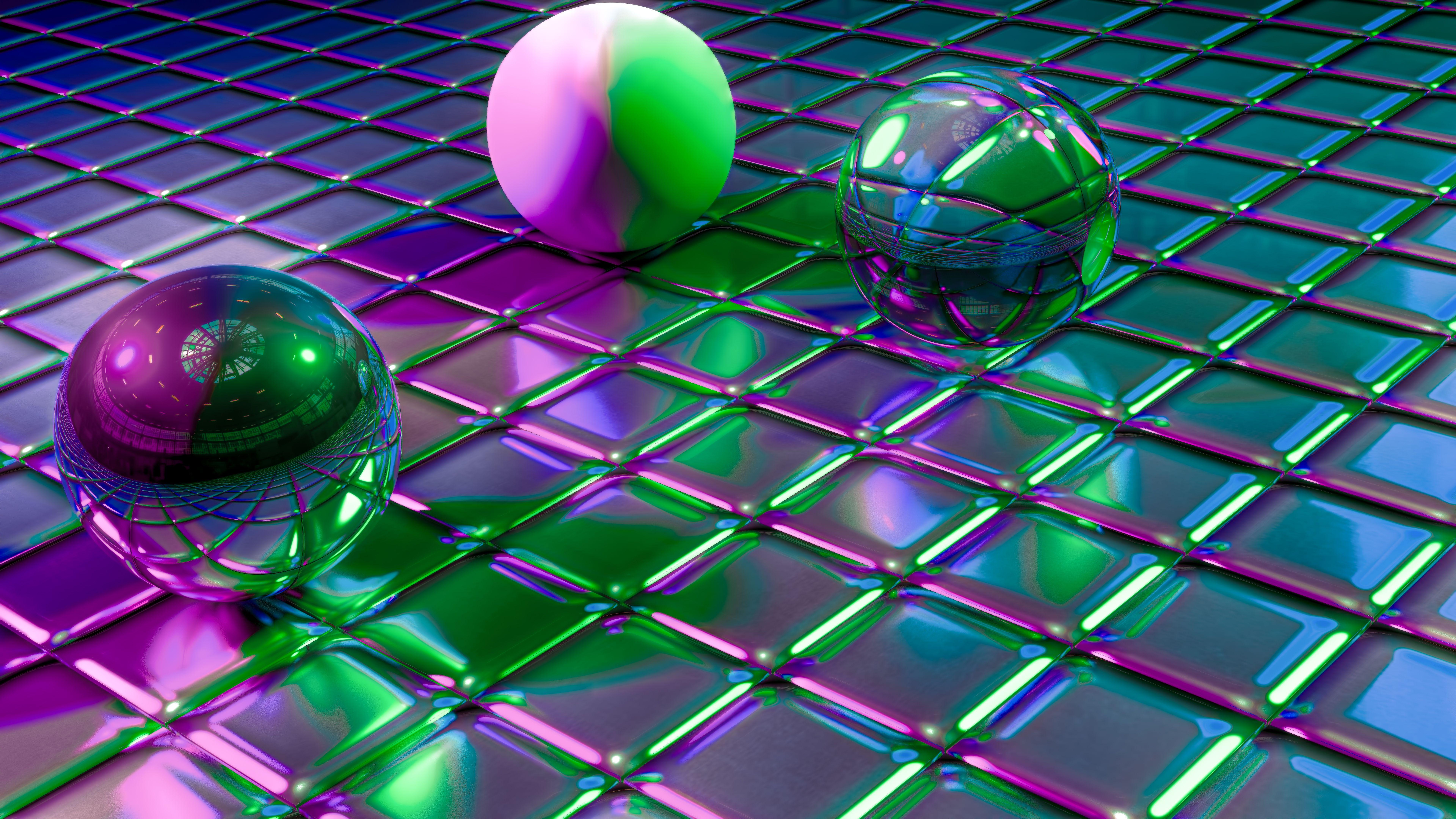 7680x4320 Download wallpaper 7680x4320 balls, cubes, shapes, glitter HD background