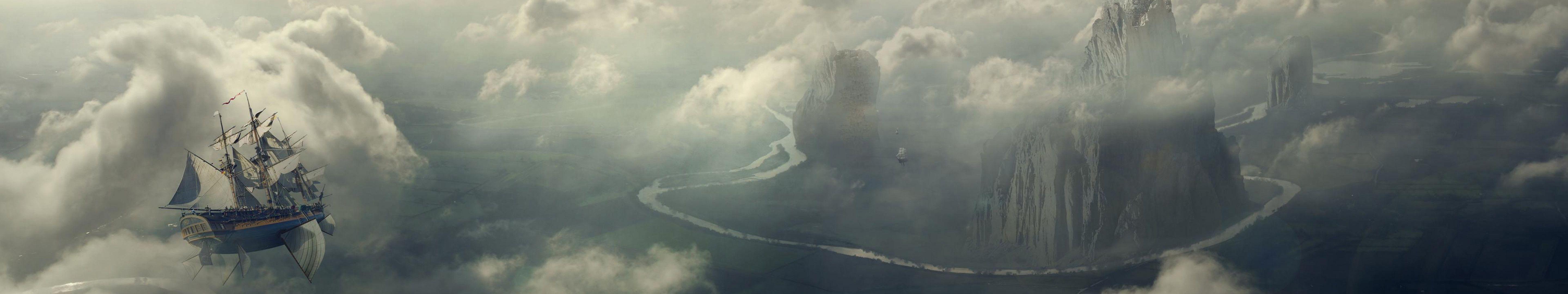 5760x1080 Flying ship wallpaper