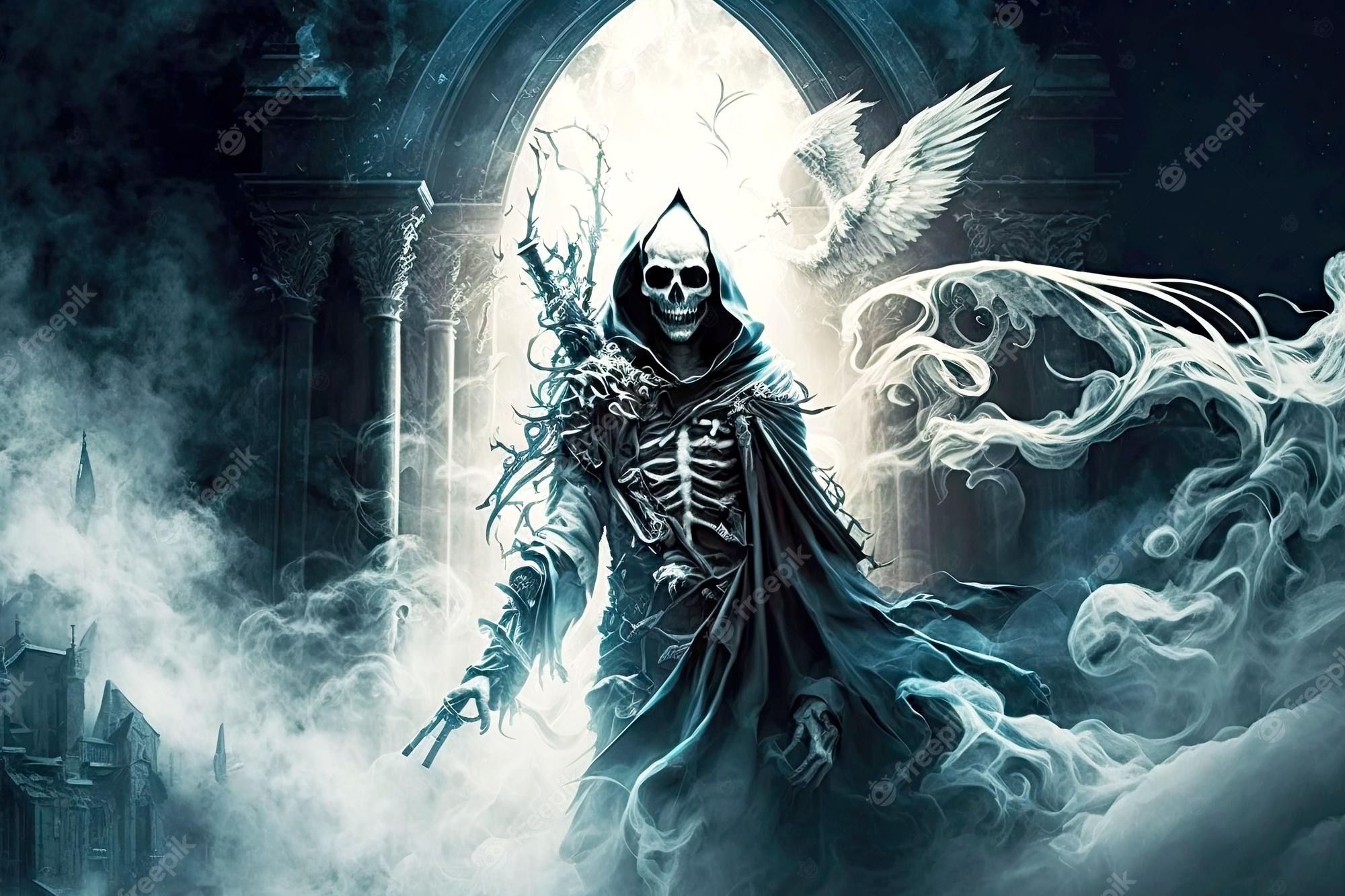 2000x1333 Premium Photo. Gothic horror picture with smoke background and flying ghost skeleton generative ai