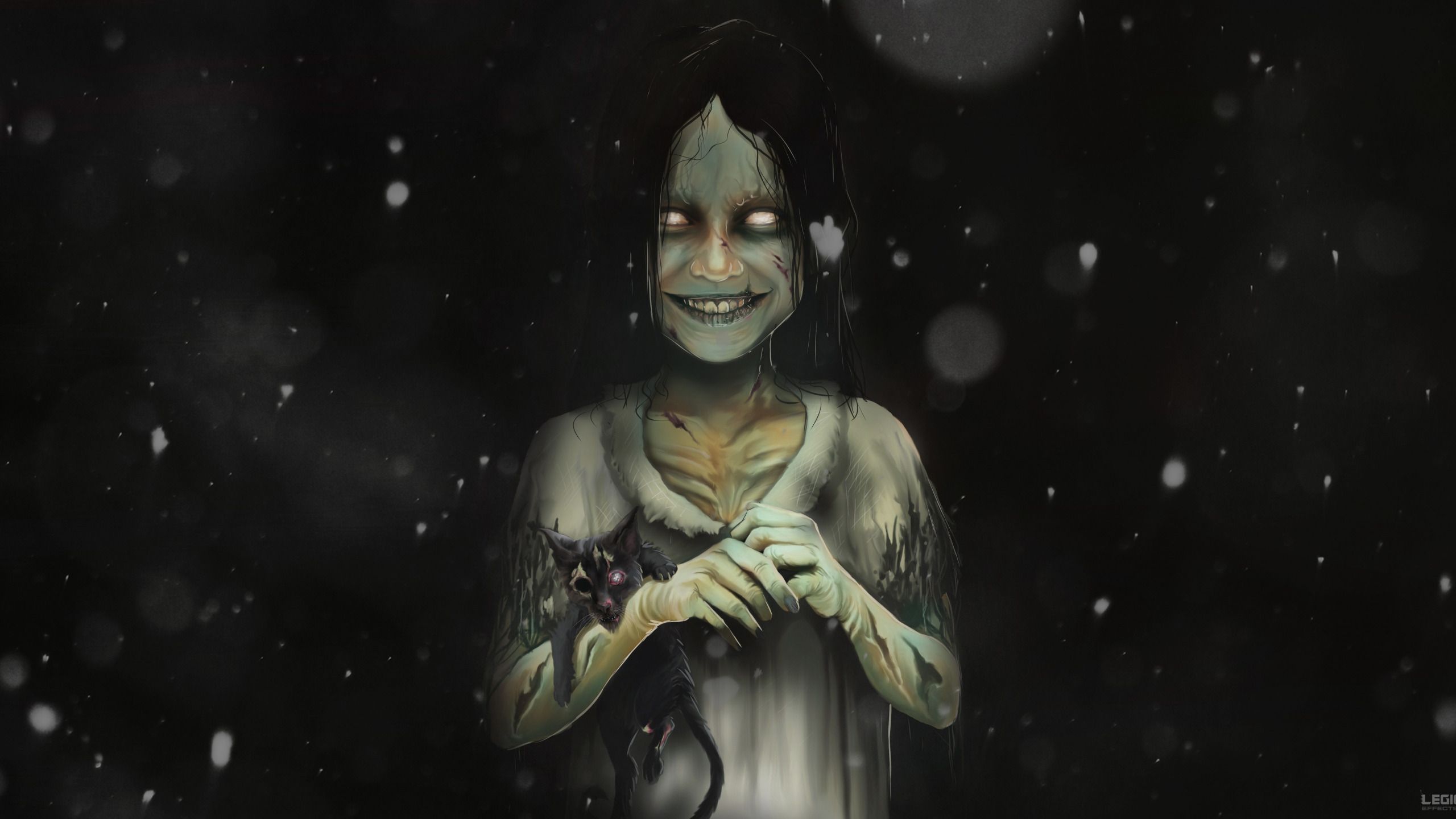 2560x1440 Download wallpaper Figure, Kitty, Smile, Death, Ghost, Fear, Art, Horror, Ghost, Danial Shahzad, by Danial Shahzad, Ghosts and stuff, section art in resolution 2560x1440
