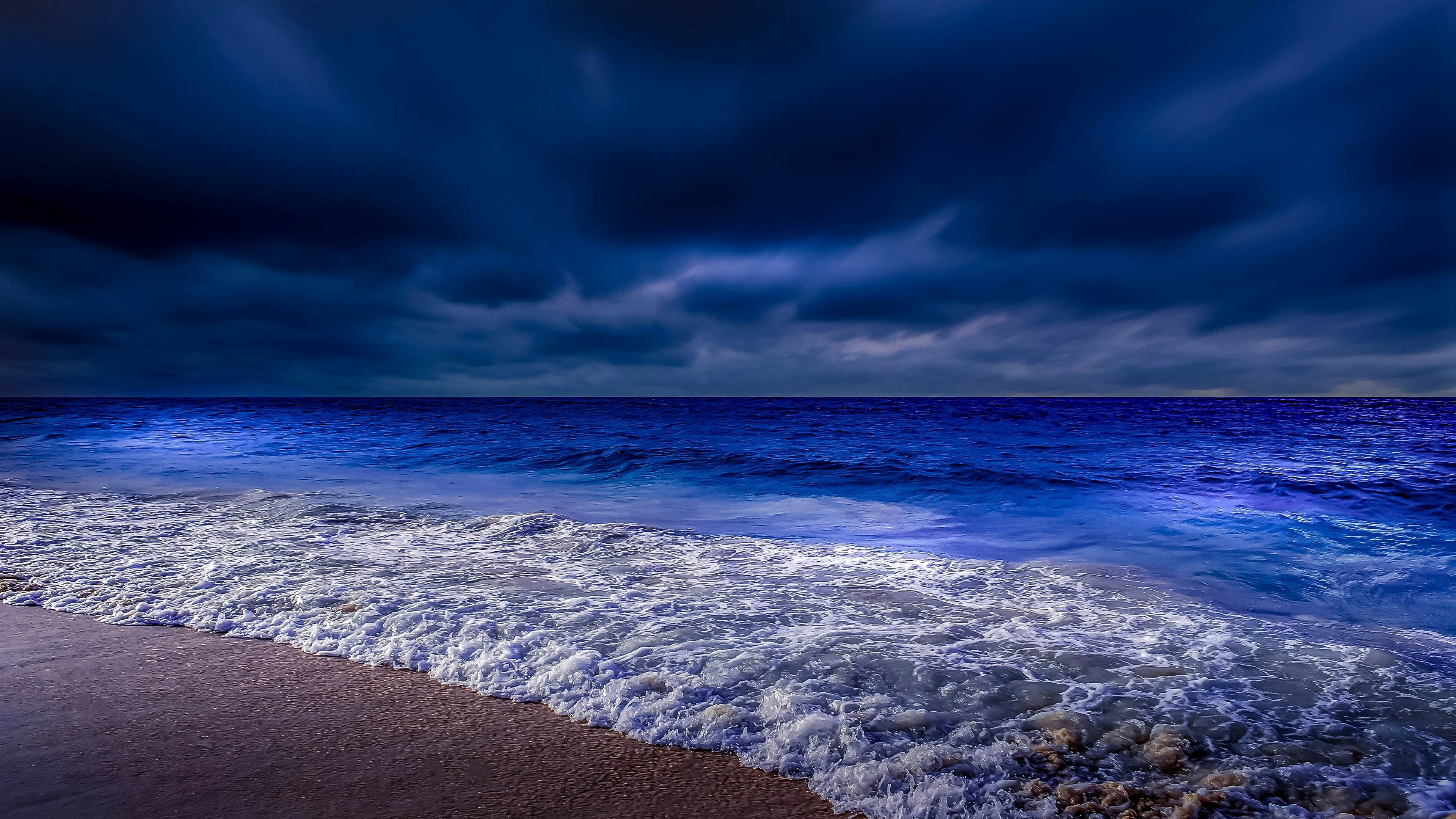 3840x2160 Beach, Twilight, Darkness, Night, Evening, Coast, Dusk, Cloudy Wallpaper