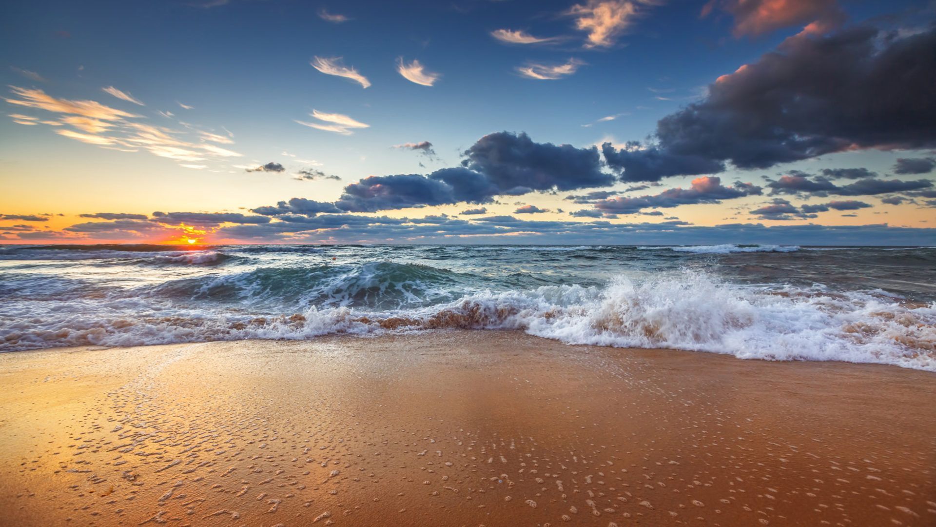 1920x1080 Sunrise Cloudy Weather Waves Red Sandy Beach Beautiful Landscape Wallpaper For Desktop Computers Laptop Tablet And Mobile Phones 3840x2400 :